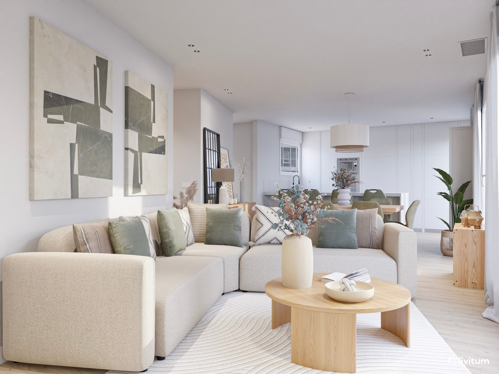 Salón comedor de estilo moderno con detalles en verde caqui y sofá rinconero