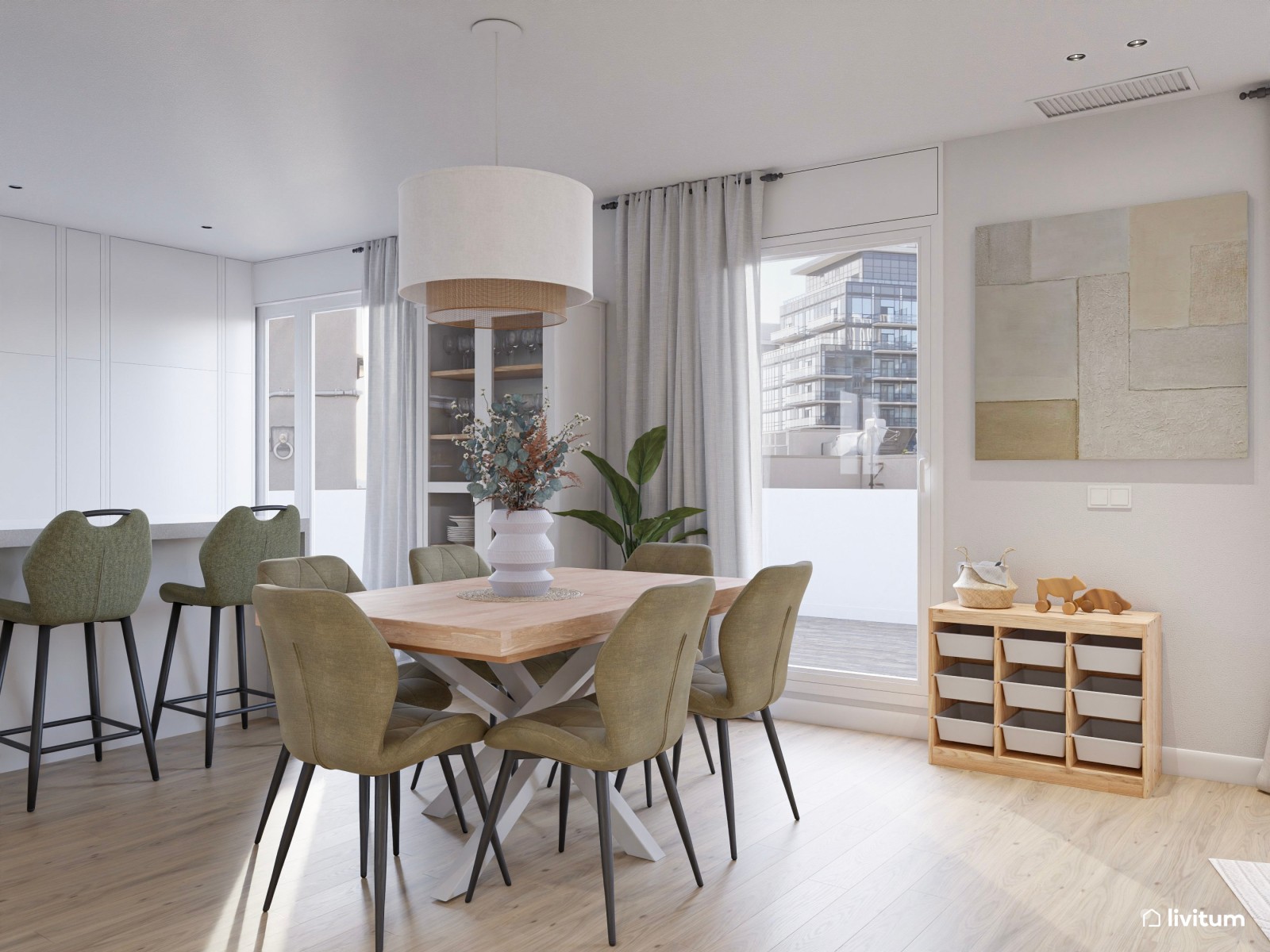 Salón comedor de estilo moderno con detalles en verde caqui y sofá rinconero