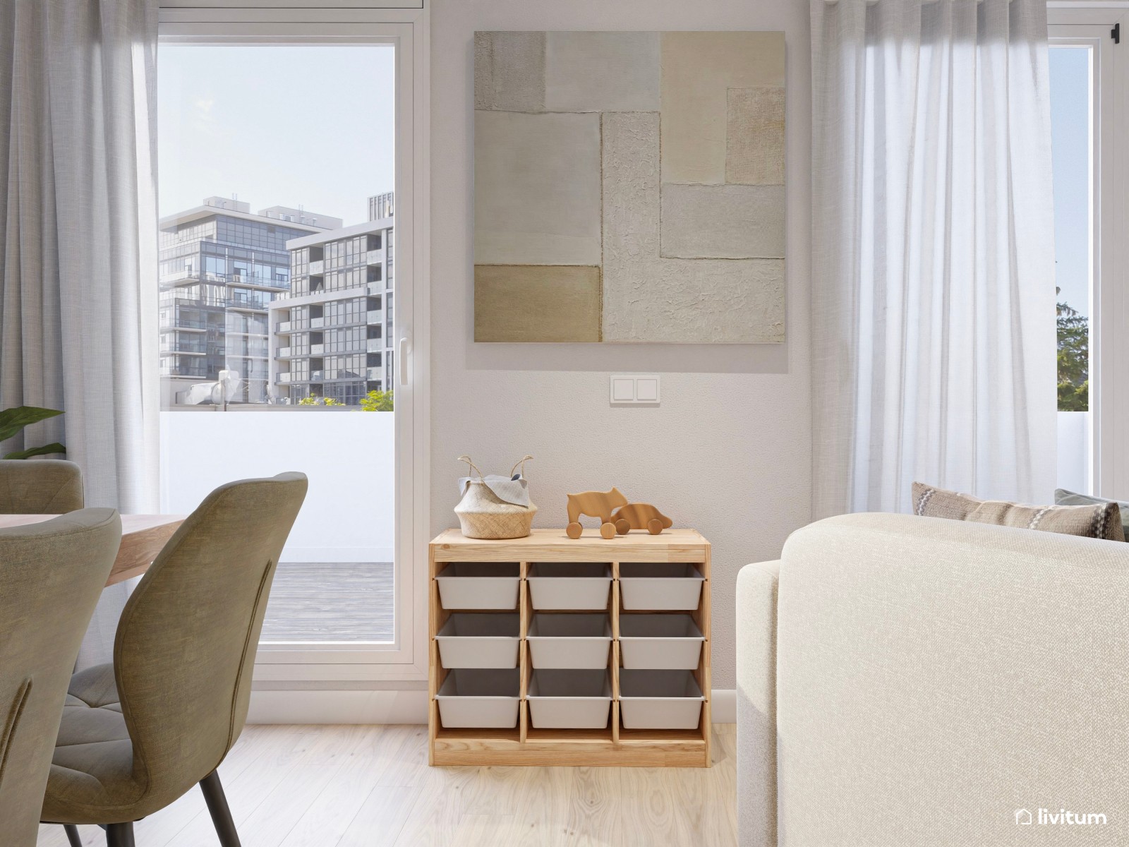 Salón comedor de estilo moderno con detalles en verde caqui y sofá rinconero