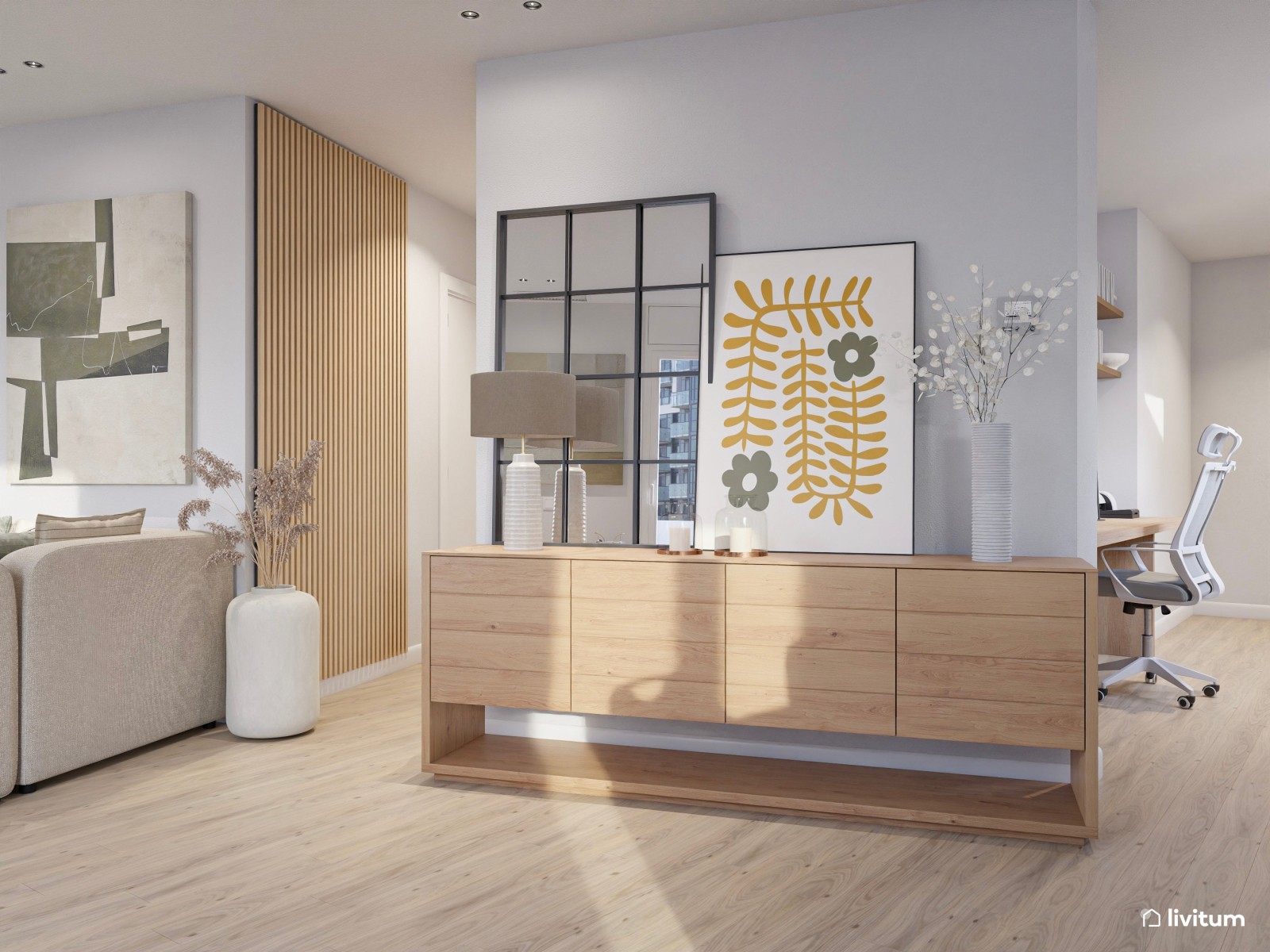 Salón comedor de estilo moderno con detalles en verde caqui y sofá rinconero