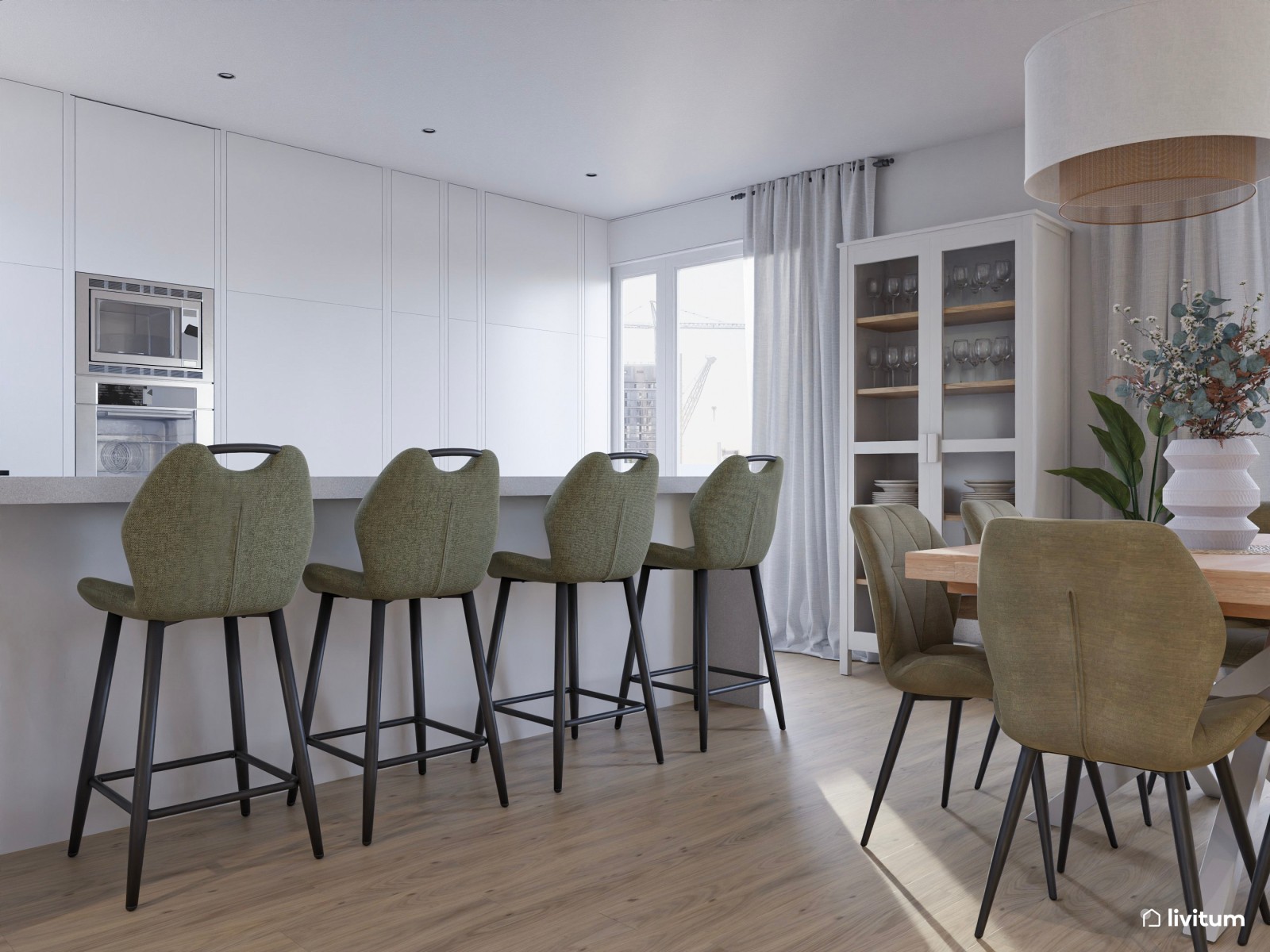 Salón comedor de estilo moderno con detalles en verde caqui y sofá rinconero