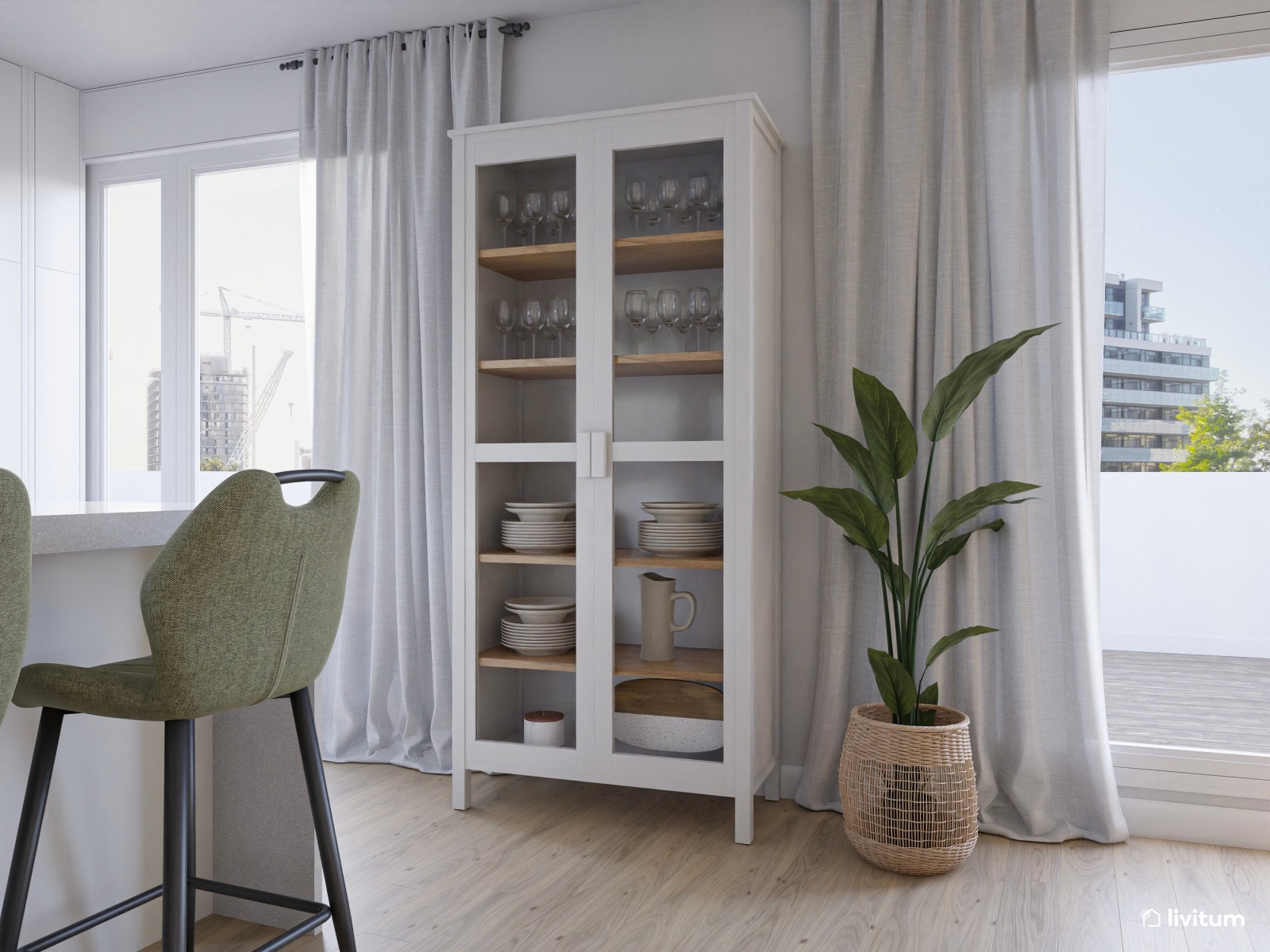 Salón comedor de estilo moderno con detalles en verde caqui y sofá rinconero