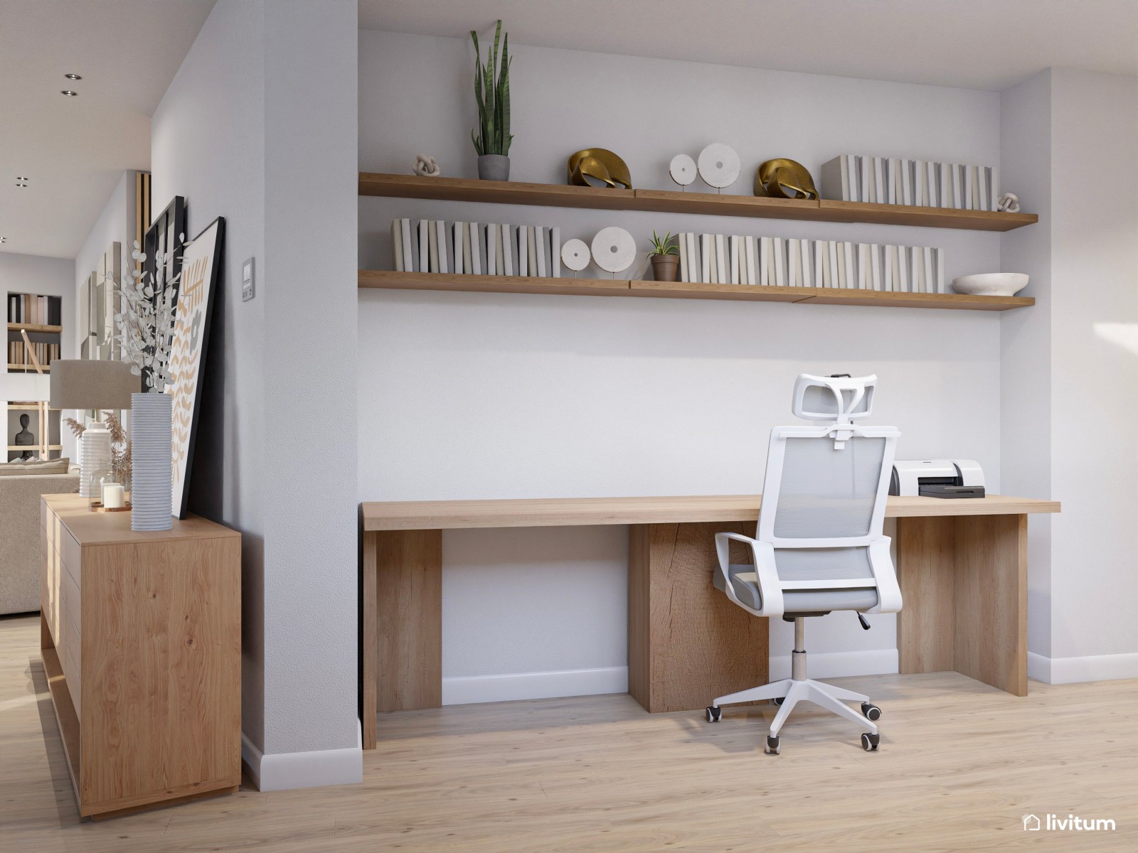 Salón comedor de estilo moderno con detalles en verde caqui y sofá rinconero