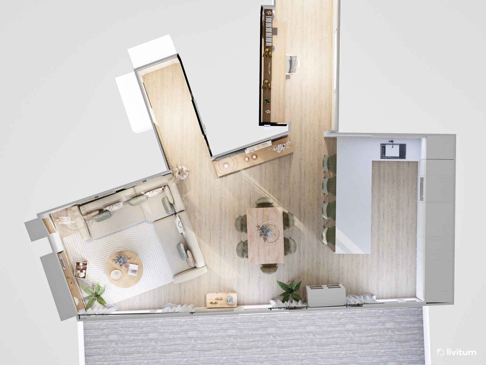 Salón comedor de estilo moderno con detalles en verde caqui y sofá rinconero