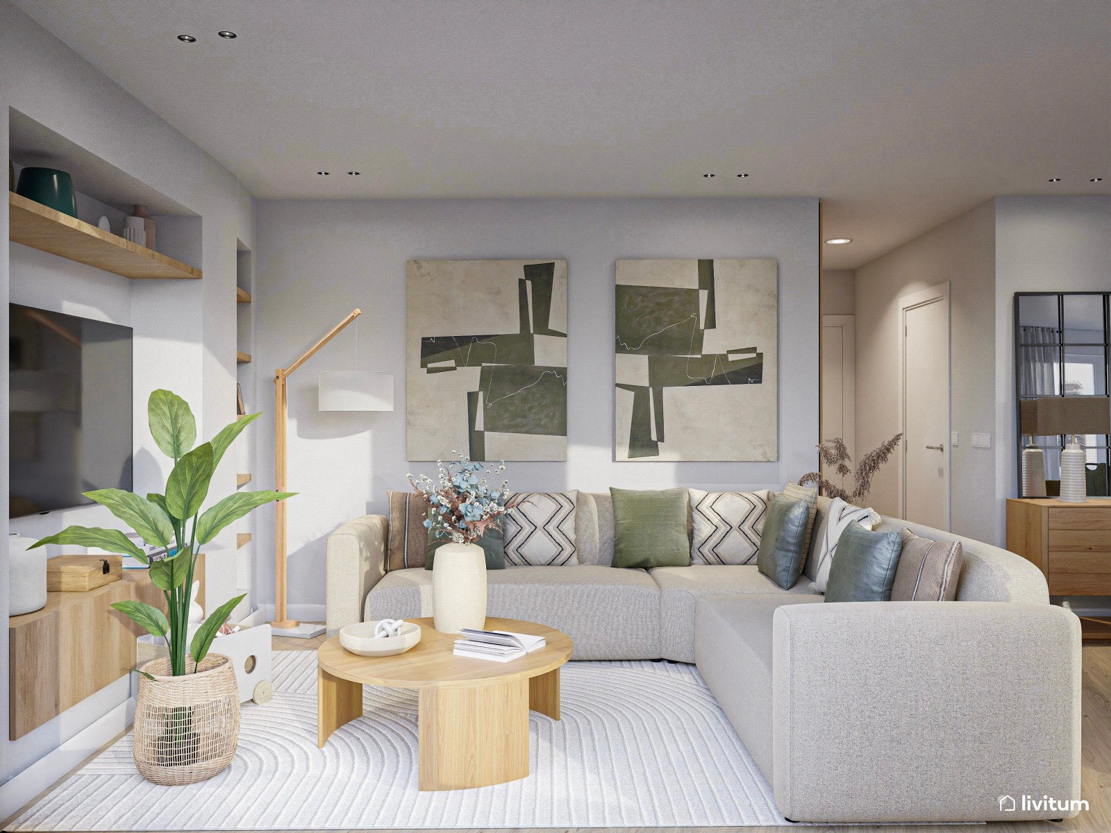 Salón comedor de estilo moderno con detalles en verde caqui y sofá rinconero