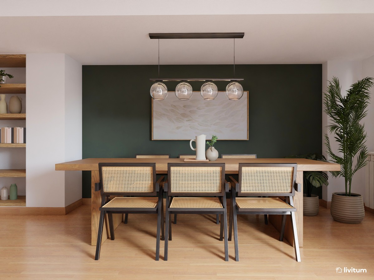 Salón comedor de estilo moderno en madera y verde
