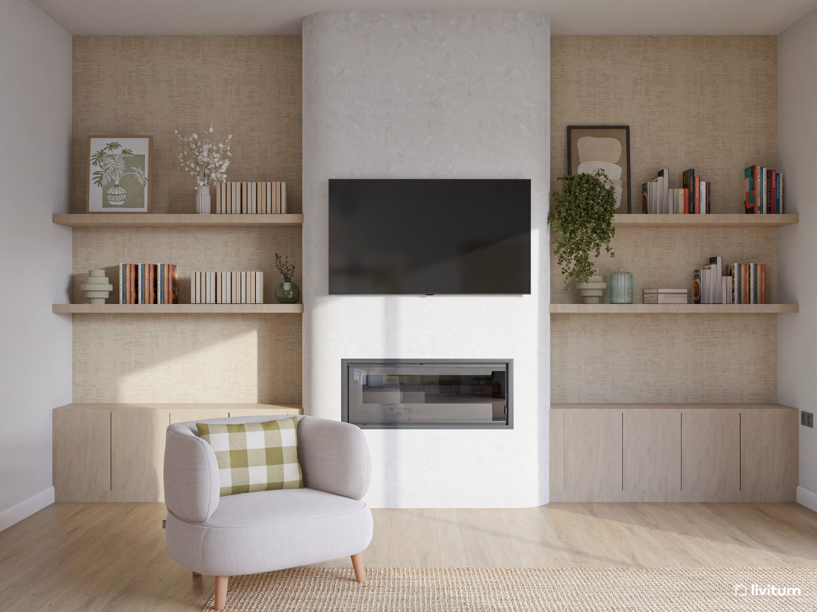 Salón comedor de estilo nórdico con chimenea y papel pintado