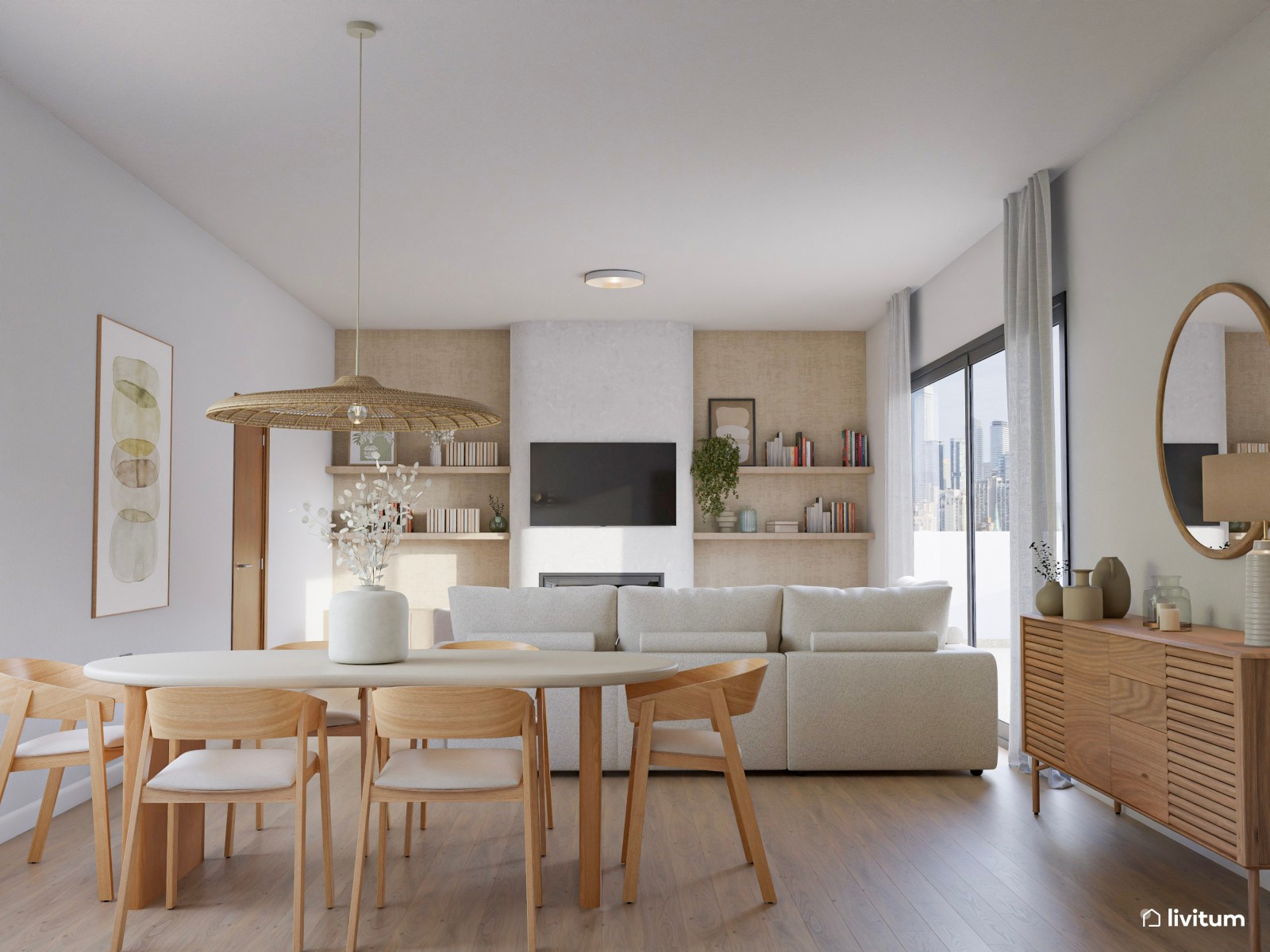Salón comedor de estilo nórdico con chimenea y papel pintado