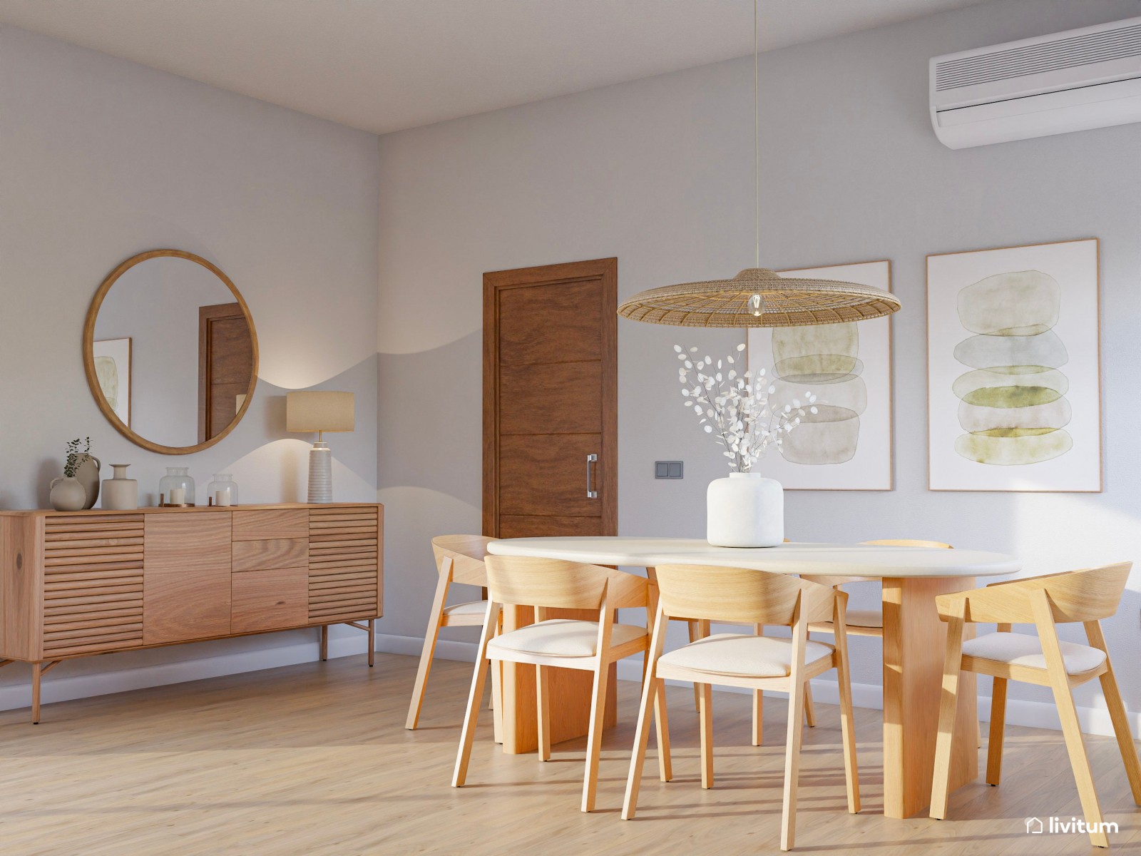 Salón comedor de estilo nórdico con chimenea y papel pintado