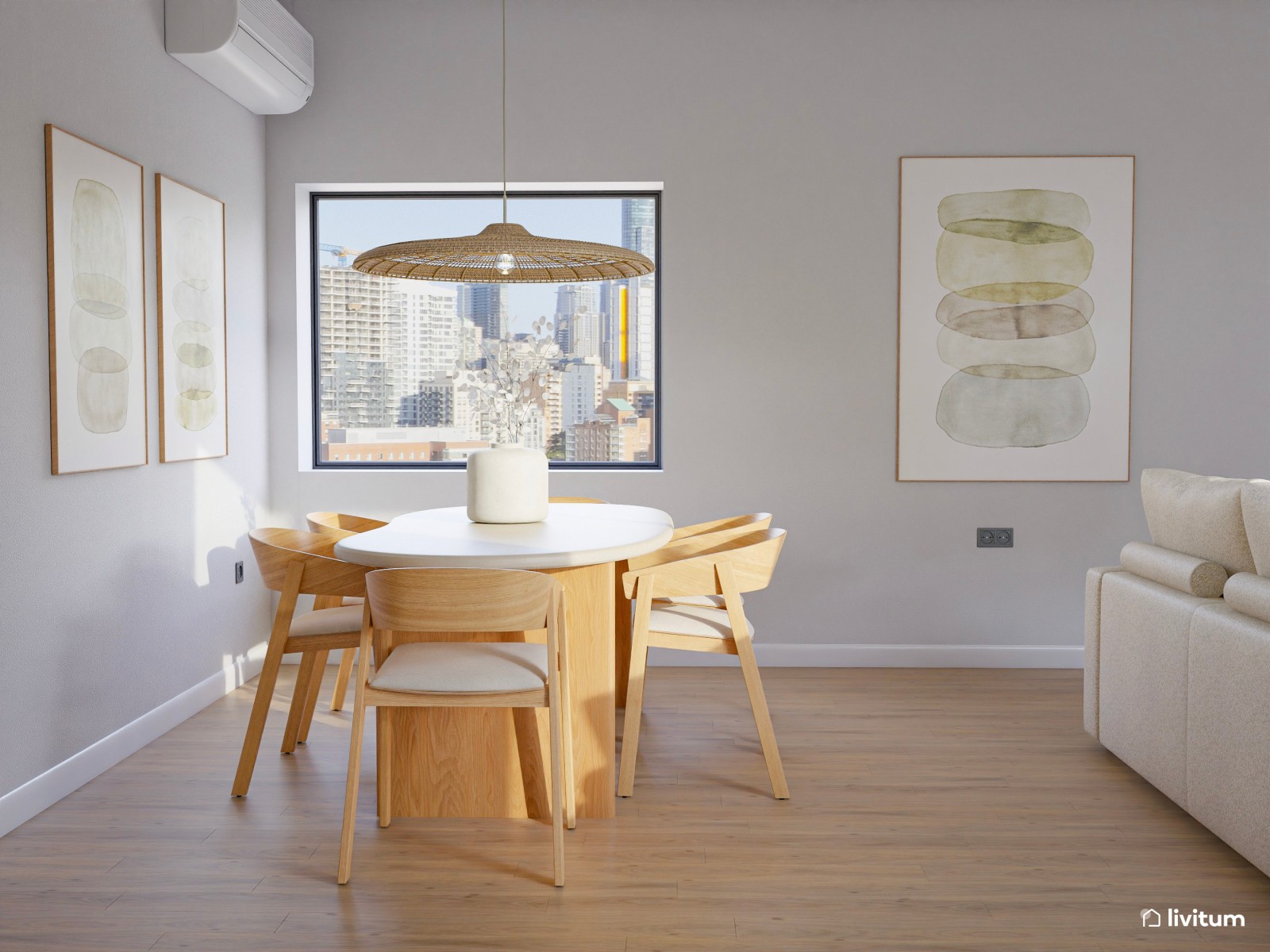 Salón comedor de estilo nórdico con chimenea y papel pintado