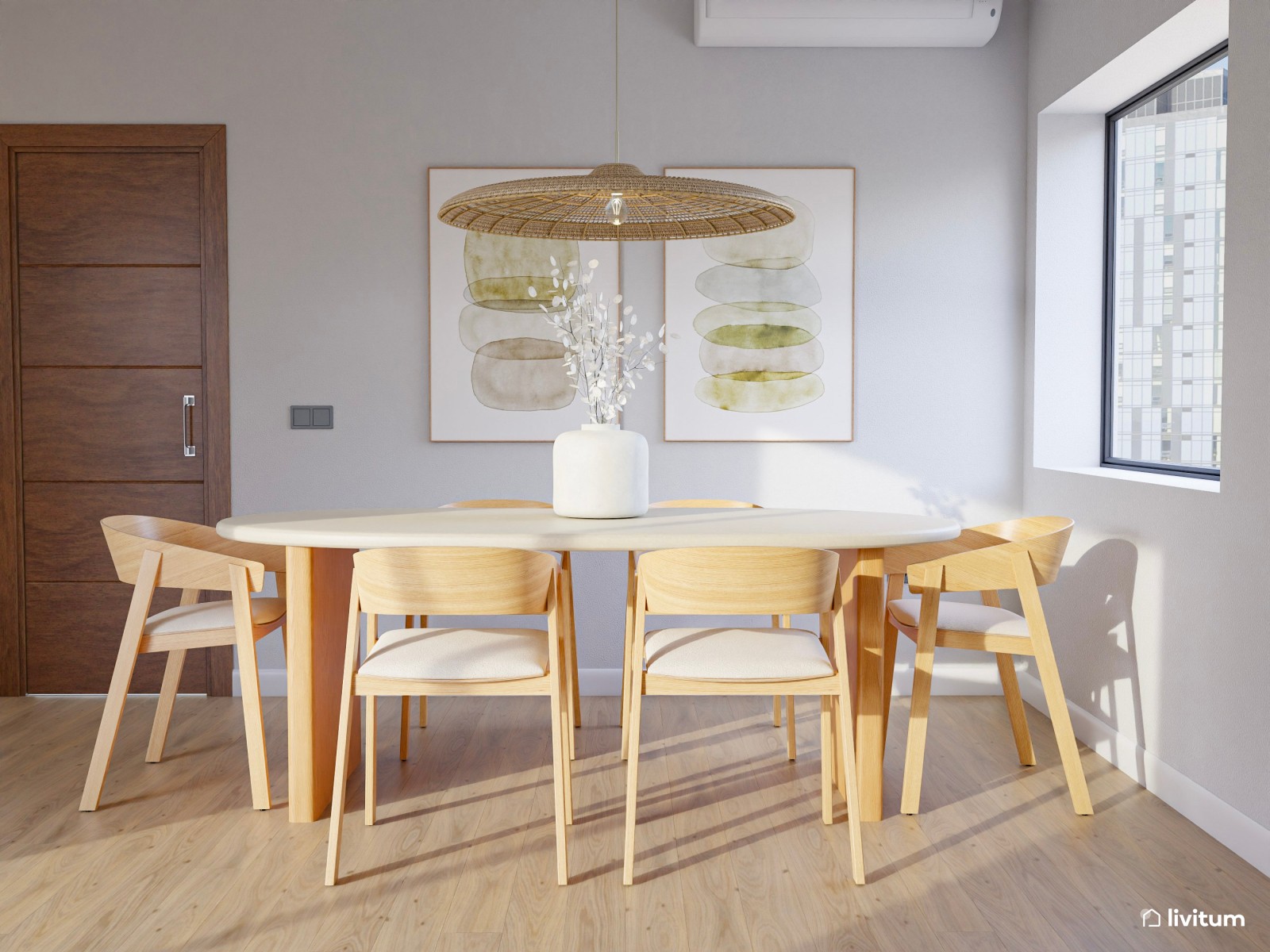 Salón comedor de estilo nórdico con chimenea y papel pintado