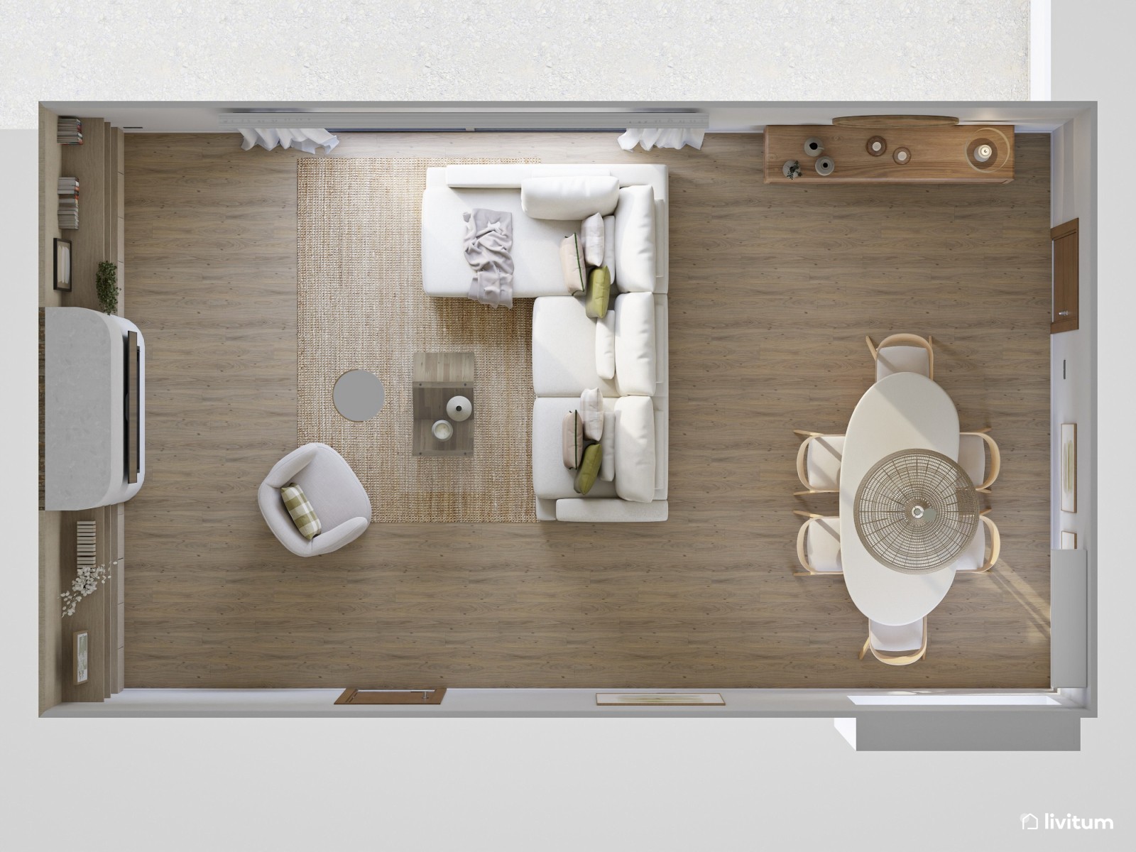 Salón comedor de estilo nórdico con chimenea y papel pintado