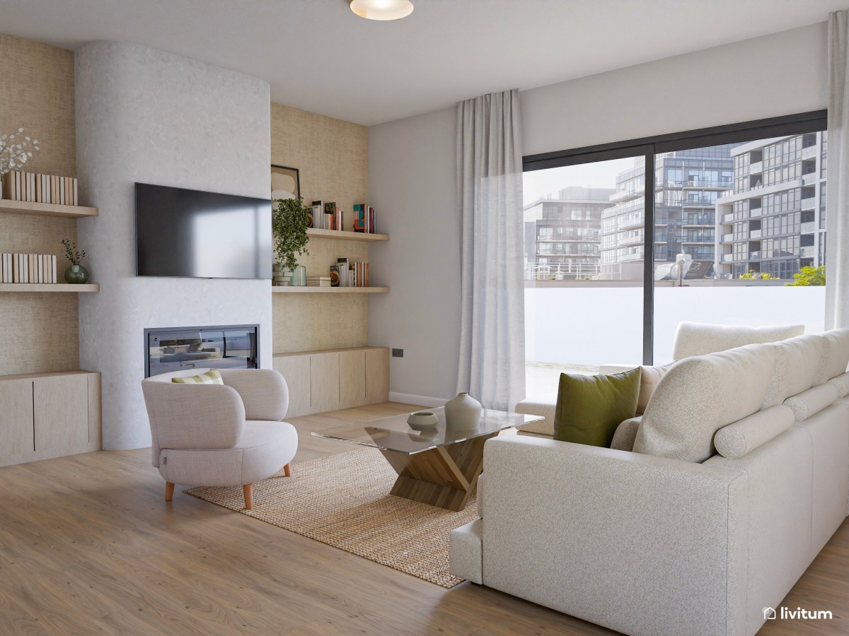 Salón comedor de estilo nórdico con chimenea y papel pintado