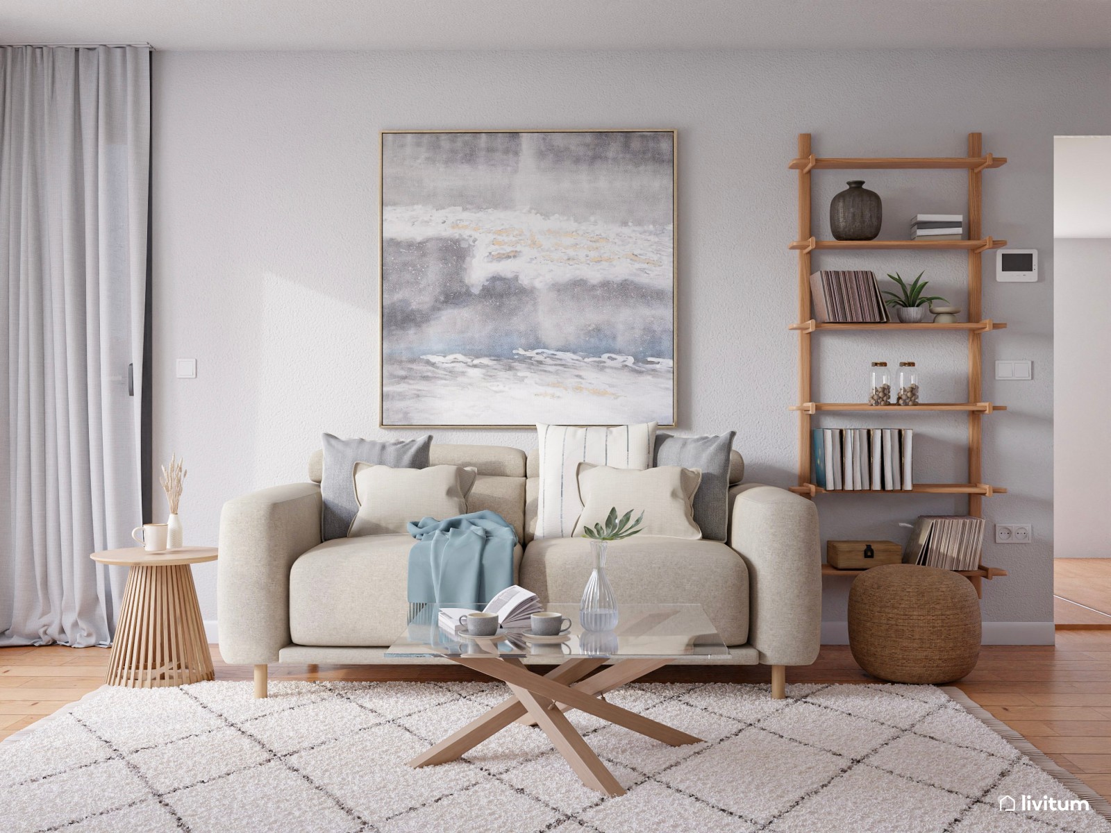 Salón comedor de estilo nórdico con cocina abierta de 28 m²