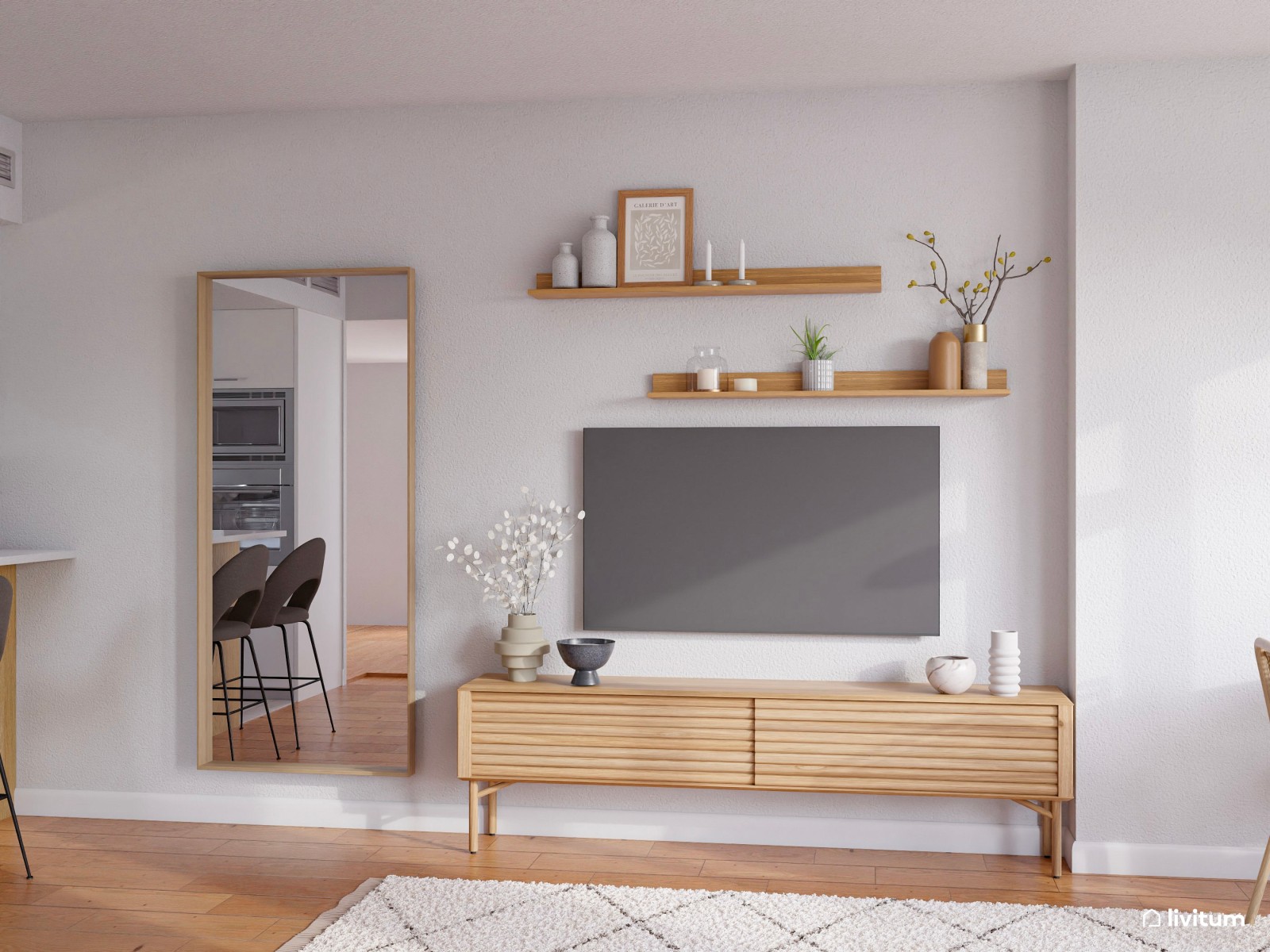 Salón comedor de estilo nórdico con cocina abierta de 28 m²