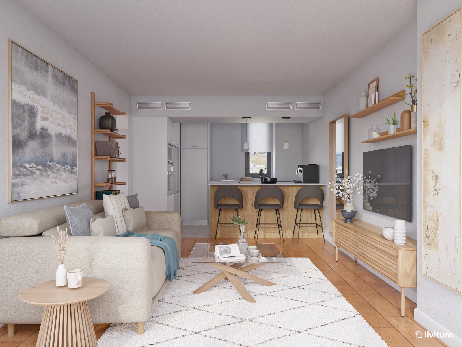 Salón comedor de estilo nórdico con cocina abierta de 28 m²