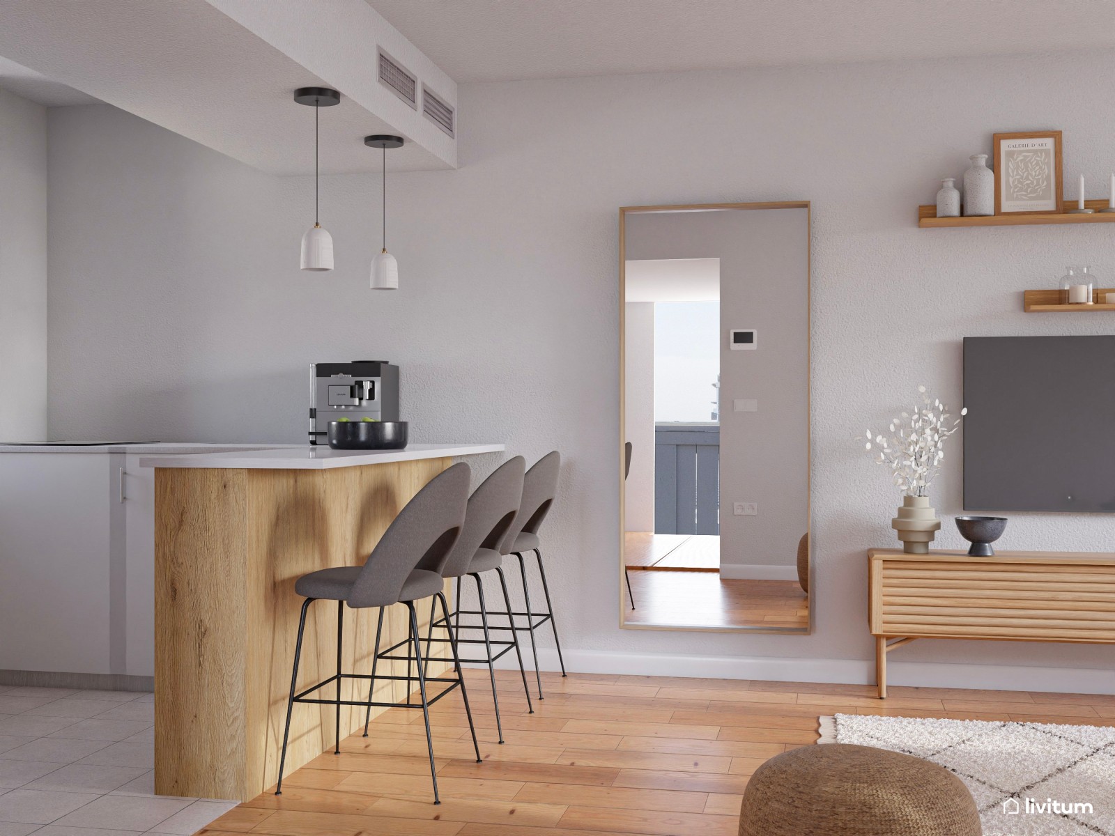 Salón comedor de estilo nórdico con cocina abierta de 28 m²