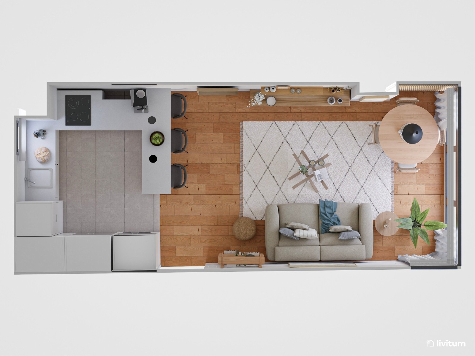 Salón comedor de estilo nórdico con cocina abierta de 28 m²