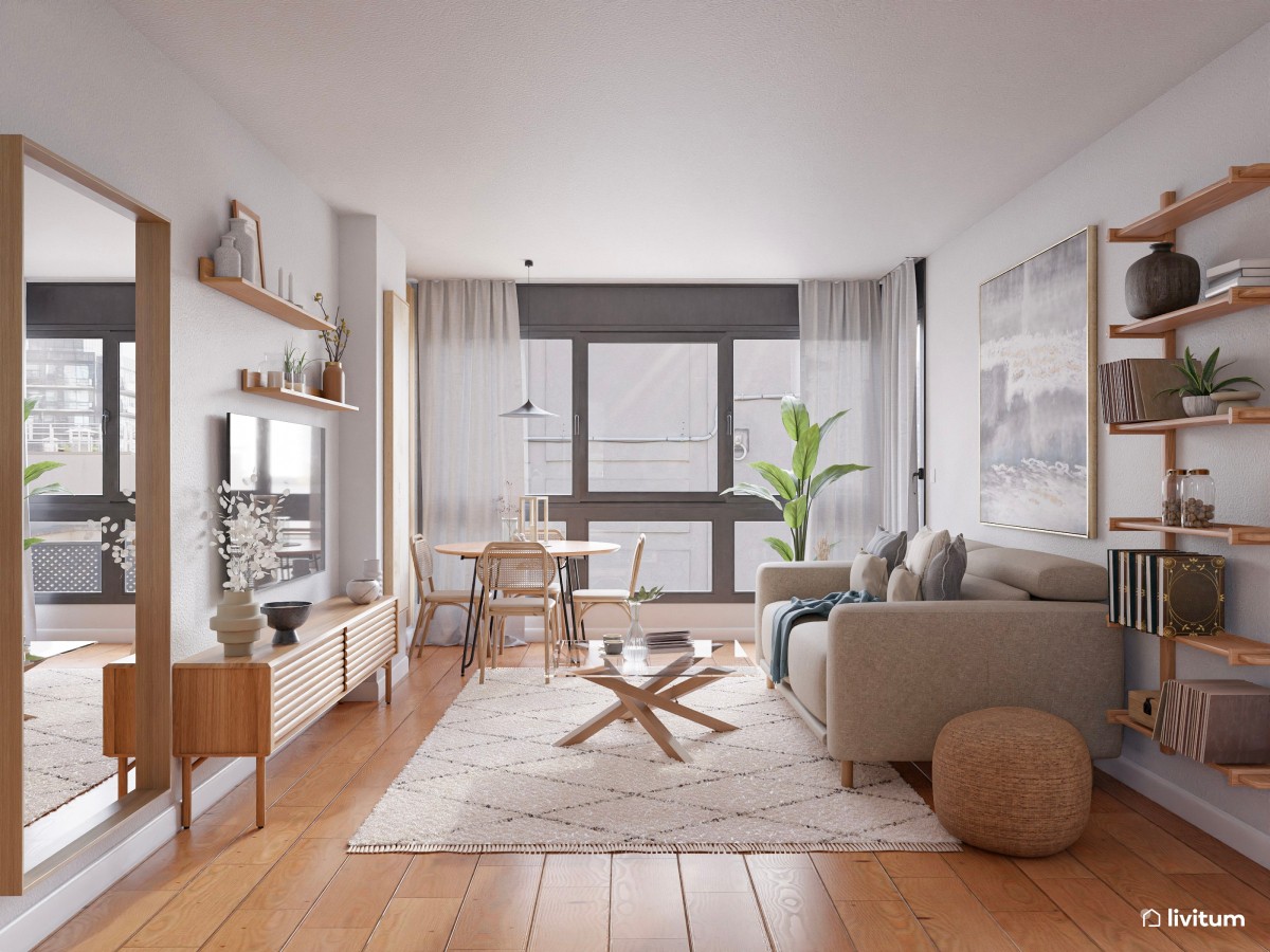 Salón comedor de estilo nórdico con cocina abierta de 28 m²