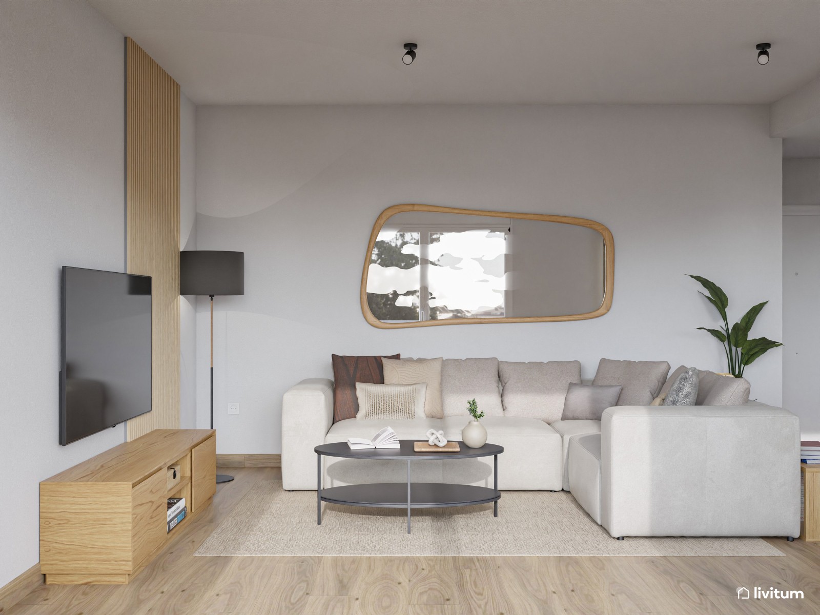 Salón comedor de estilo nórdico con cocina abierta y listones de madera 