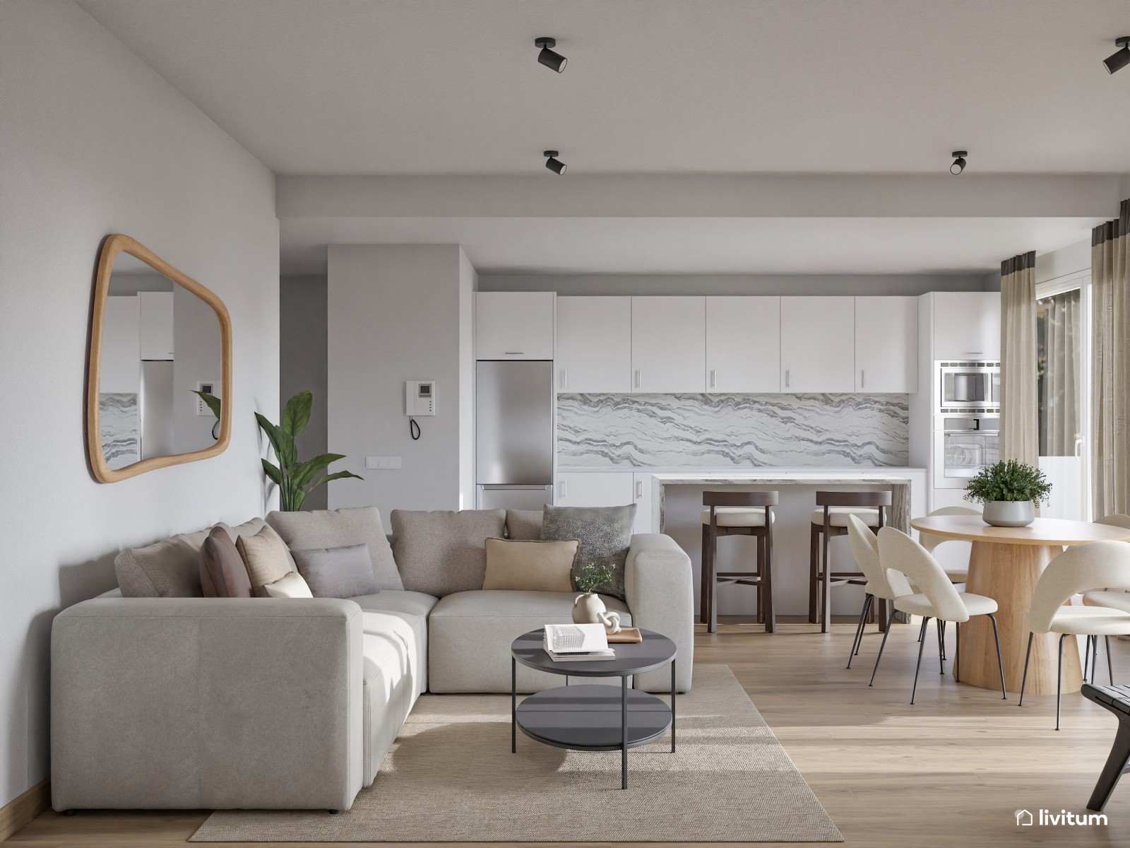 Salón comedor de estilo nórdico con cocina abierta y listones de madera 