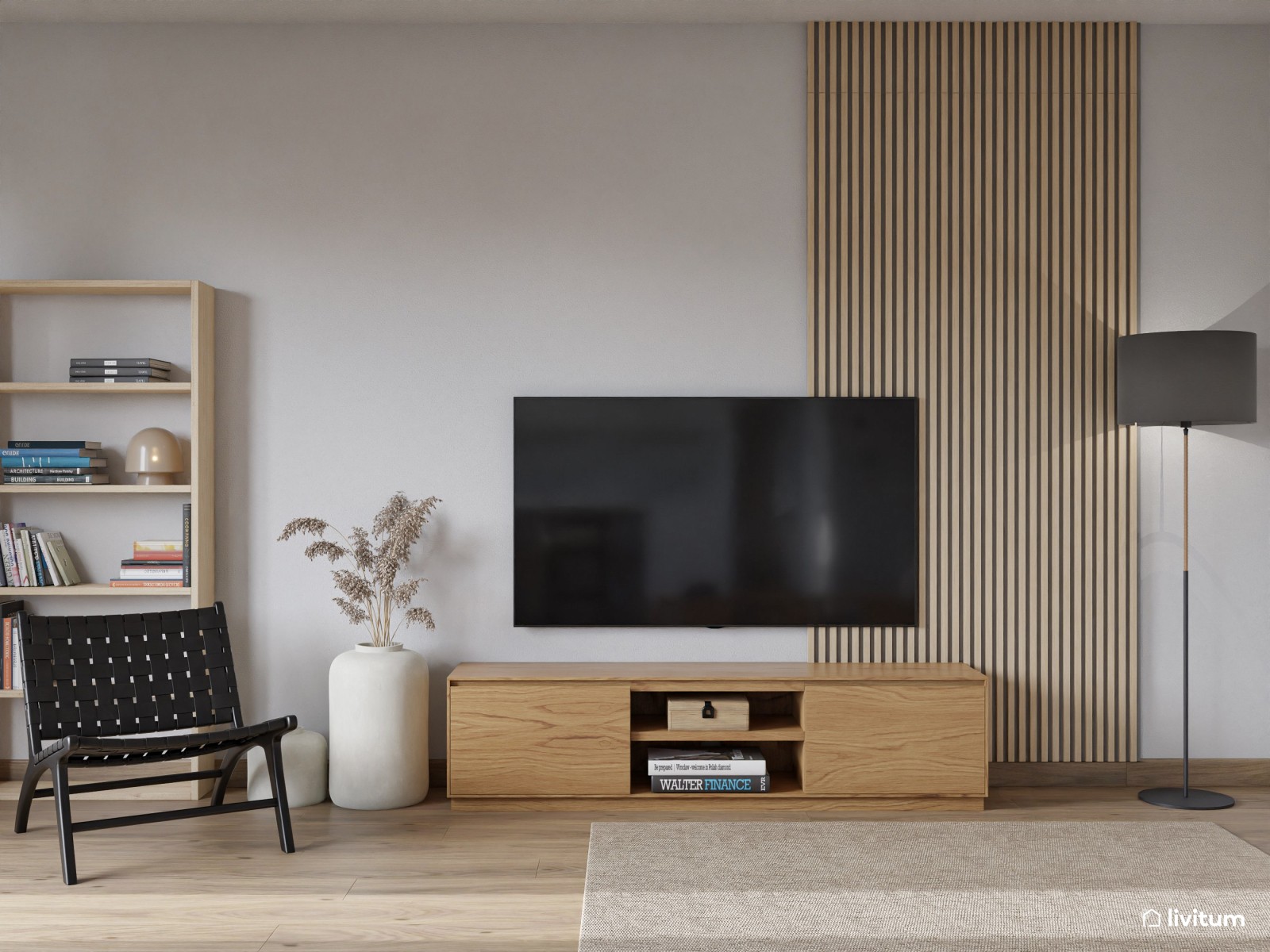 Salón comedor de estilo nórdico con cocina abierta y listones de madera 