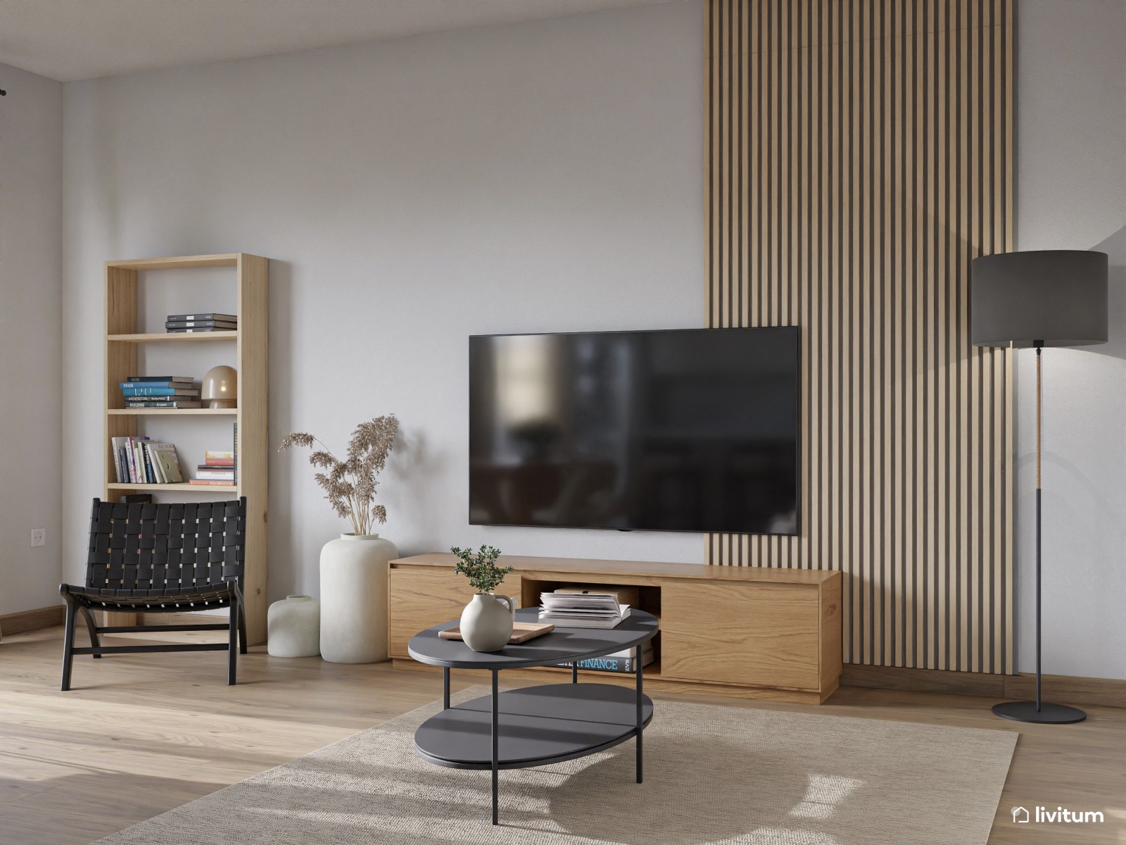 Salón comedor de estilo nórdico con cocina abierta y listones de madera 
