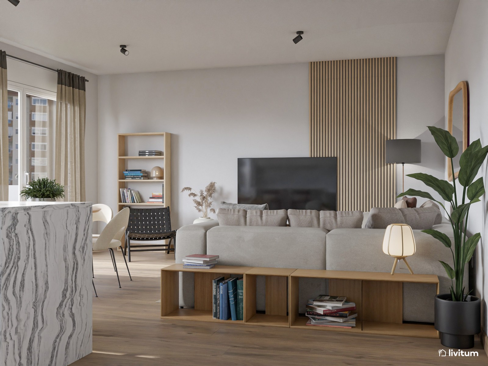 Salón comedor de estilo nórdico con cocina abierta y listones de madera 
