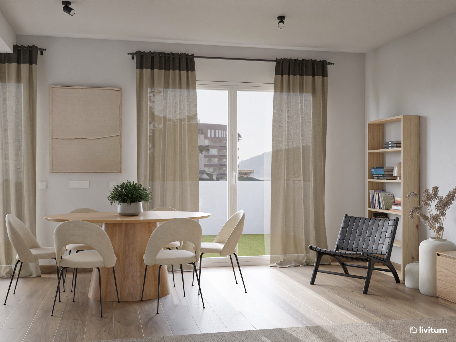 Salón comedor de estilo nórdico con cocina abierta y listones de madera 