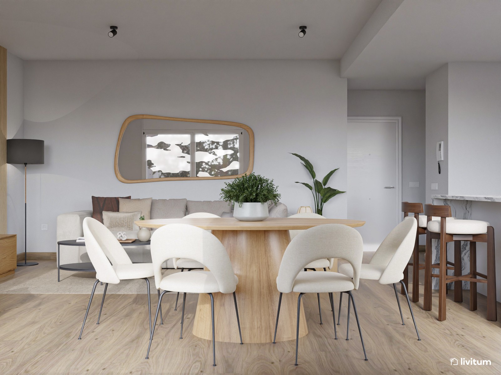 Salón comedor de estilo nórdico con cocina abierta y listones de madera 