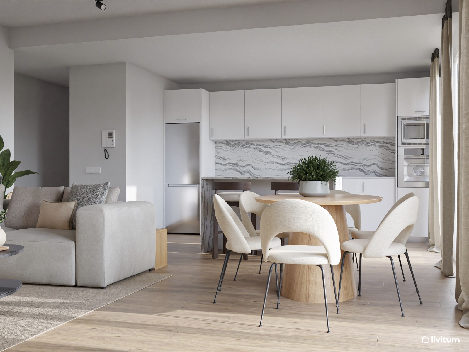 Salón comedor de estilo nórdico con cocina abierta y listones de madera 