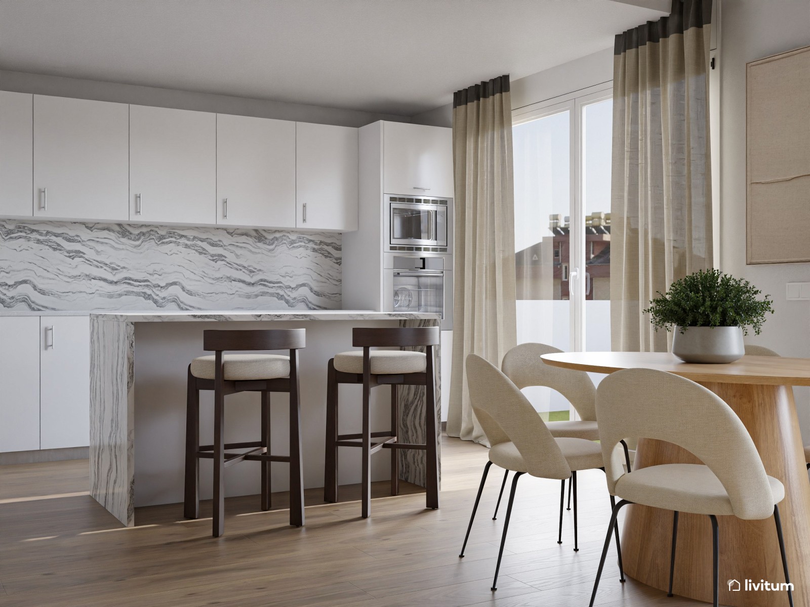 Salón comedor de estilo nórdico con cocina abierta y listones de madera 