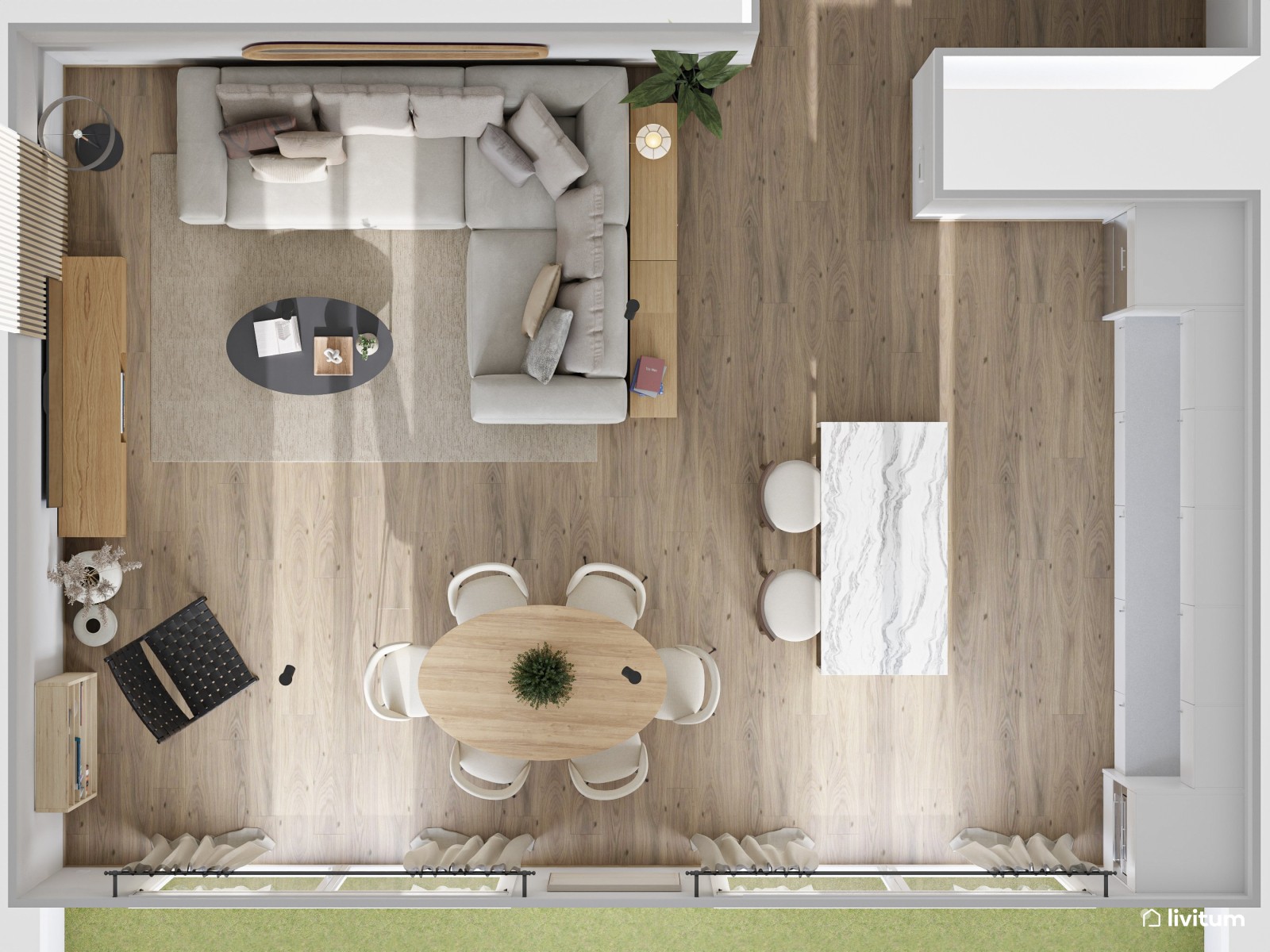 Salón comedor de estilo nórdico con cocina abierta y listones de madera 