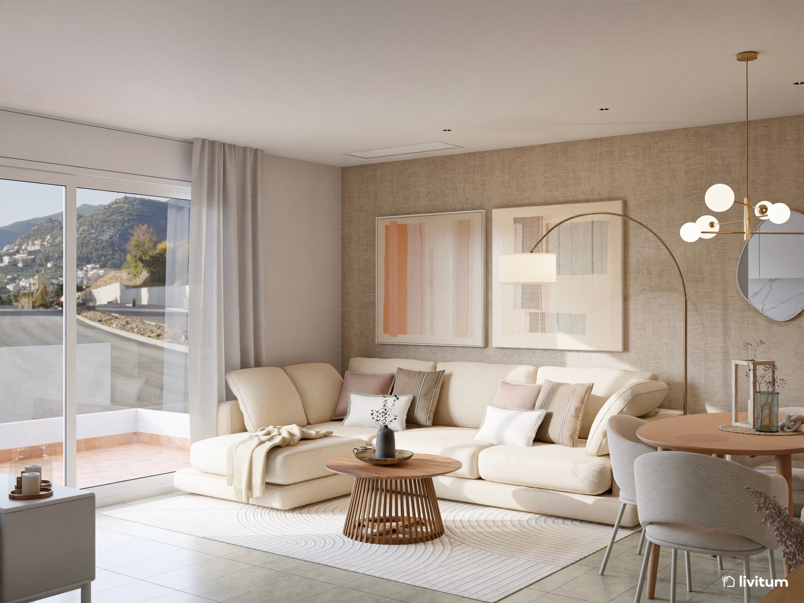 Salón comedor de estilo nórdico con cocina abierta y pared empapelada