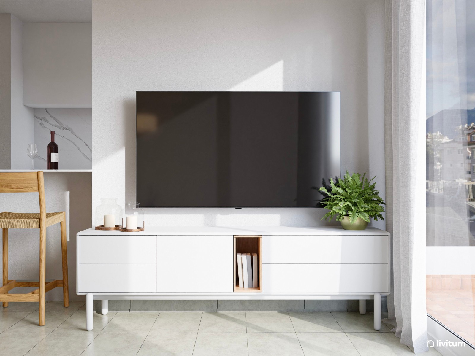 Salón comedor de estilo nórdico con cocina abierta y pared empapelada