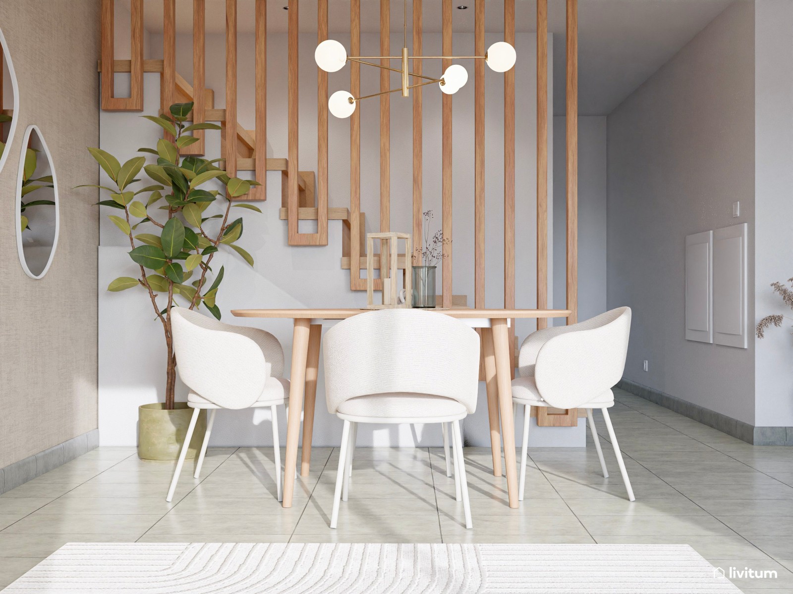 Salón comedor de estilo nórdico con cocina abierta y pared empapelada