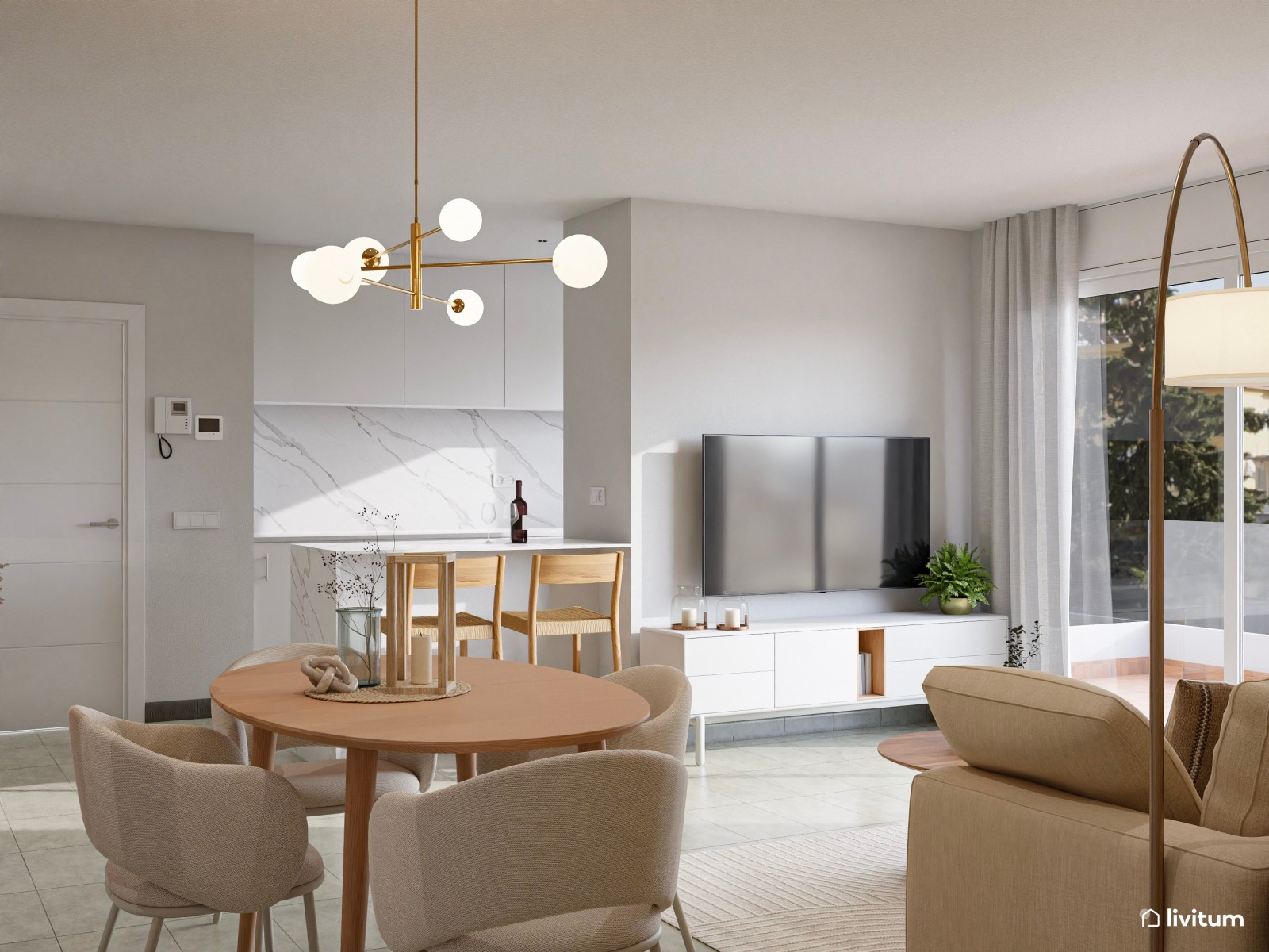 Salón comedor de estilo nórdico con cocina abierta y pared empapelada