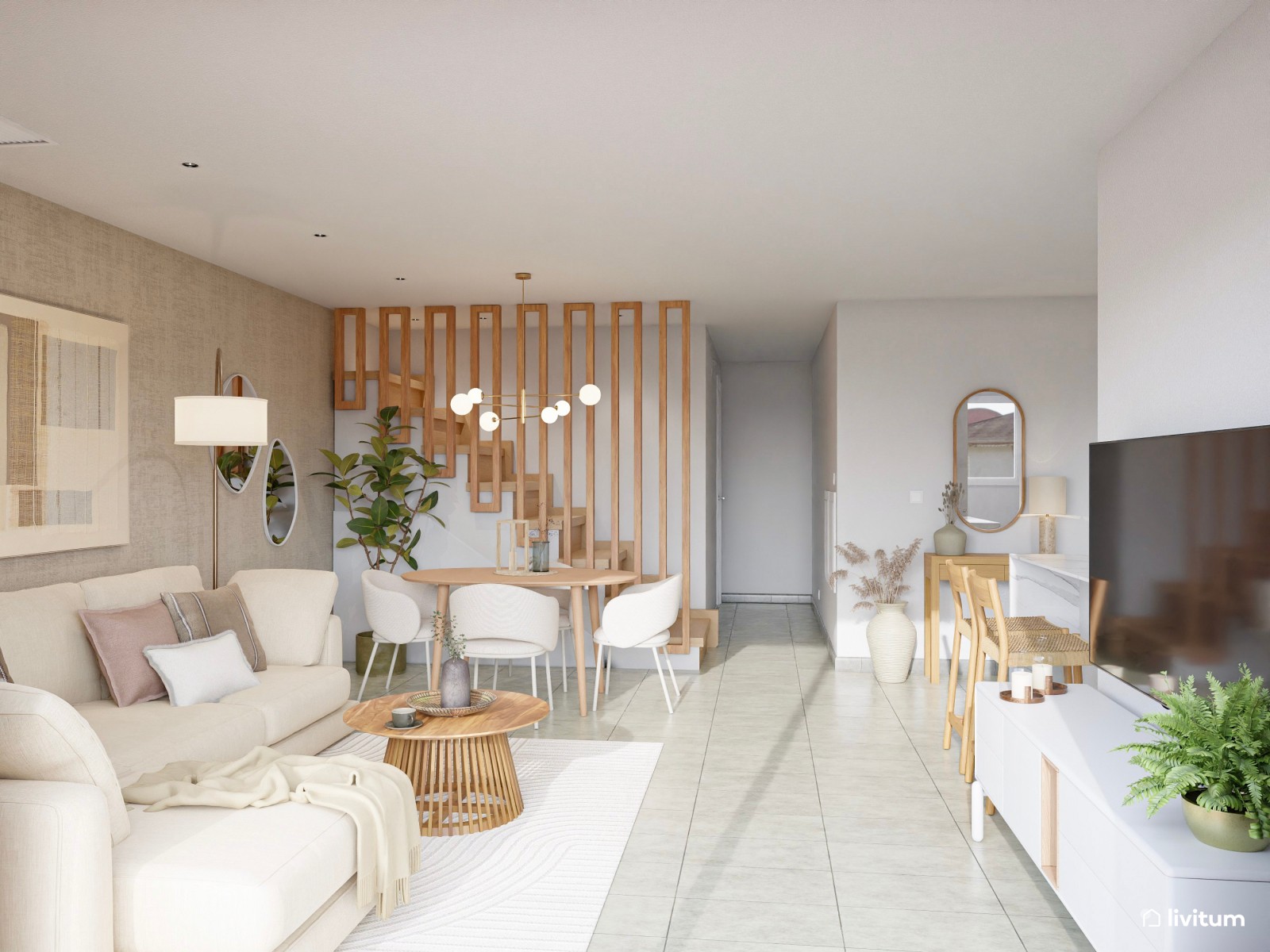 Salón comedor de estilo nórdico con cocina abierta y pared empapelada