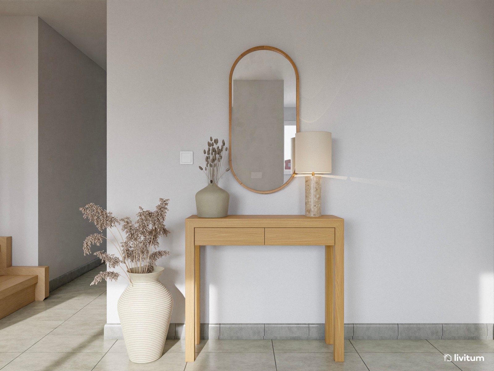 Salón comedor de estilo nórdico con cocina abierta y pared empapelada