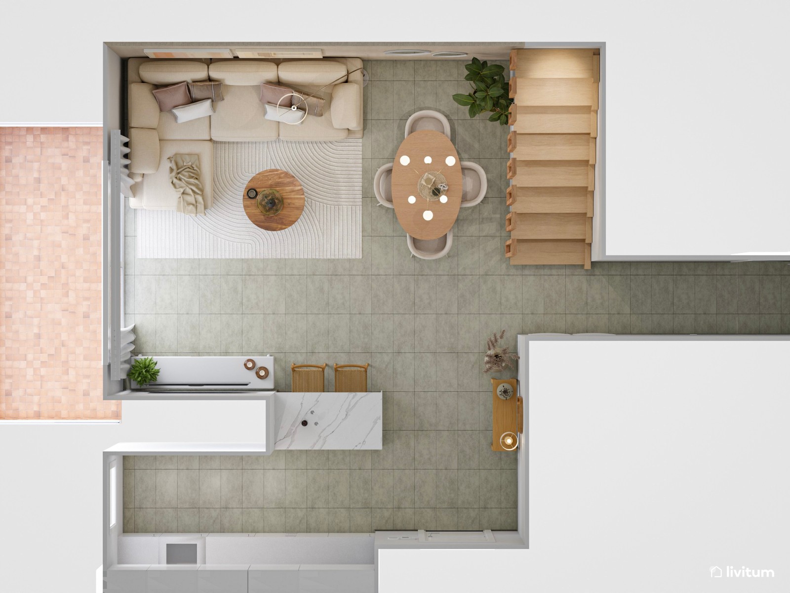 Salón comedor de estilo nórdico con cocina abierta y pared empapelada