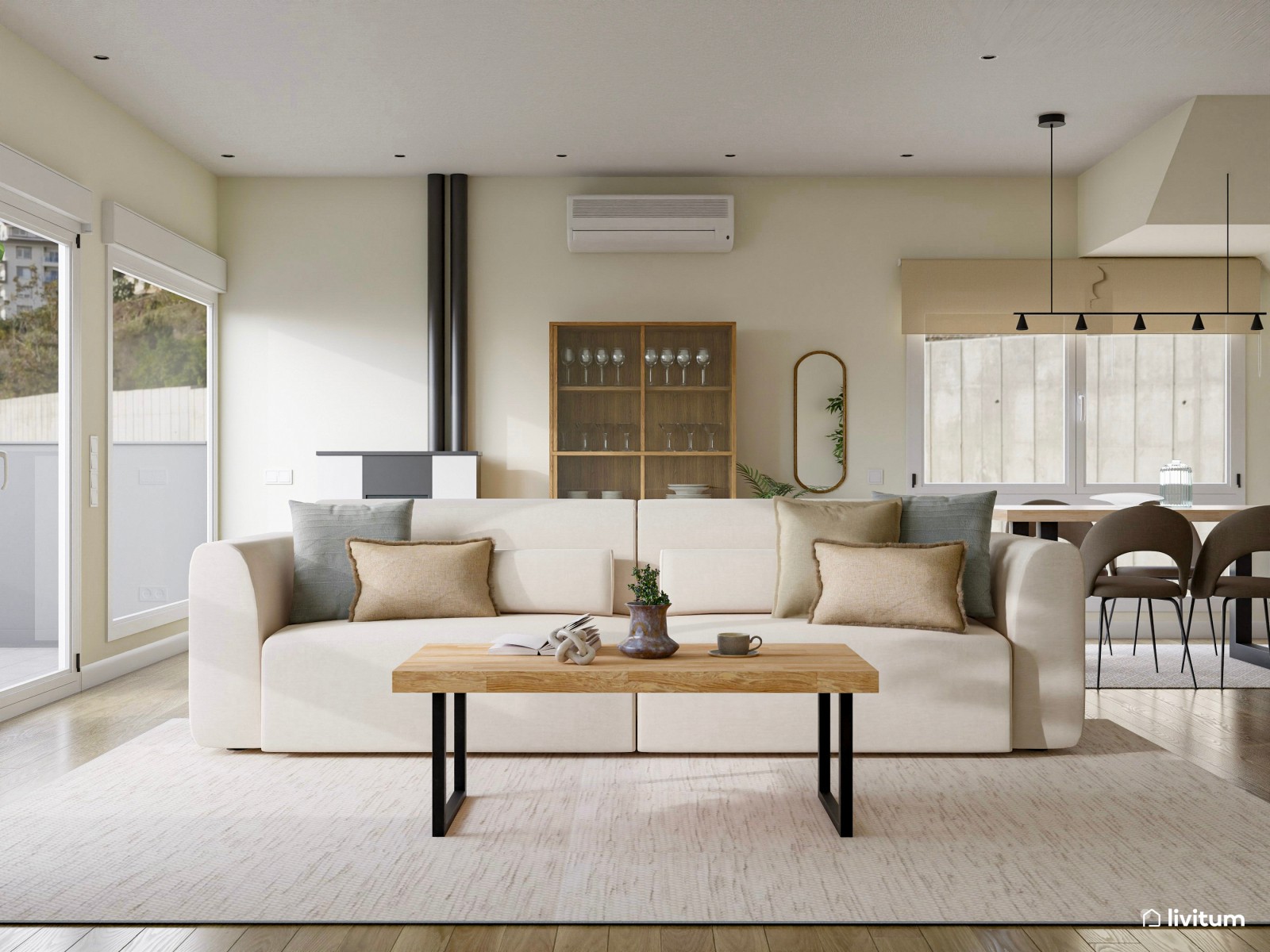 Salón comedor de estilo nórdico con coqueto rincón de lectura