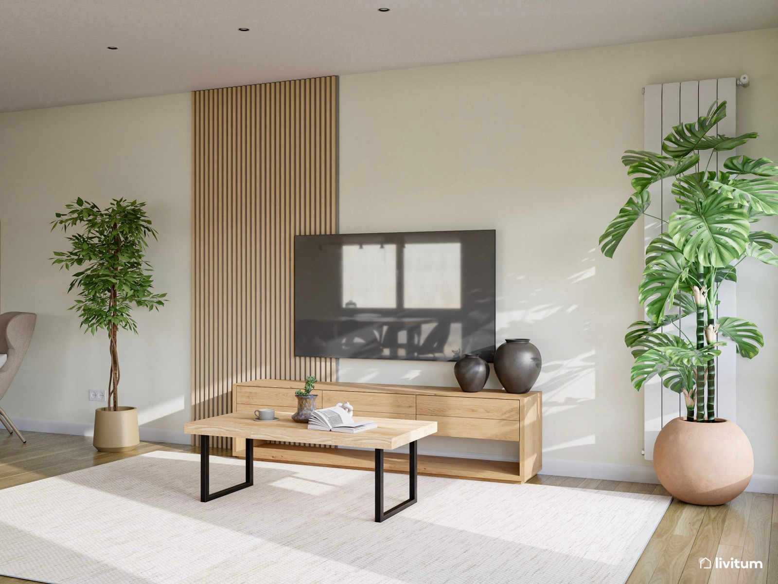 Salón comedor de estilo nórdico con coqueto rincón de lectura