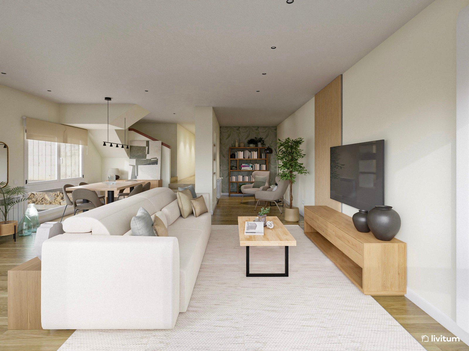 Salón comedor de estilo nórdico con coqueto rincón de lectura