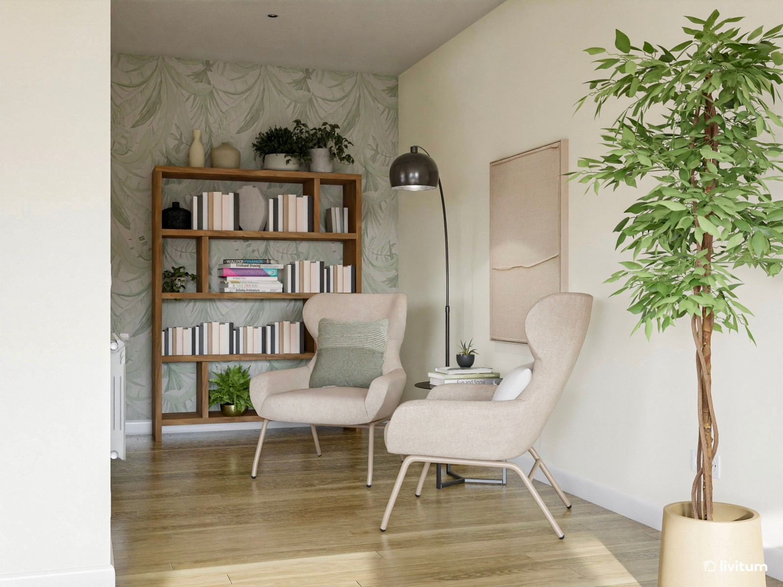Salón comedor de estilo nórdico con coqueto rincón de lectura