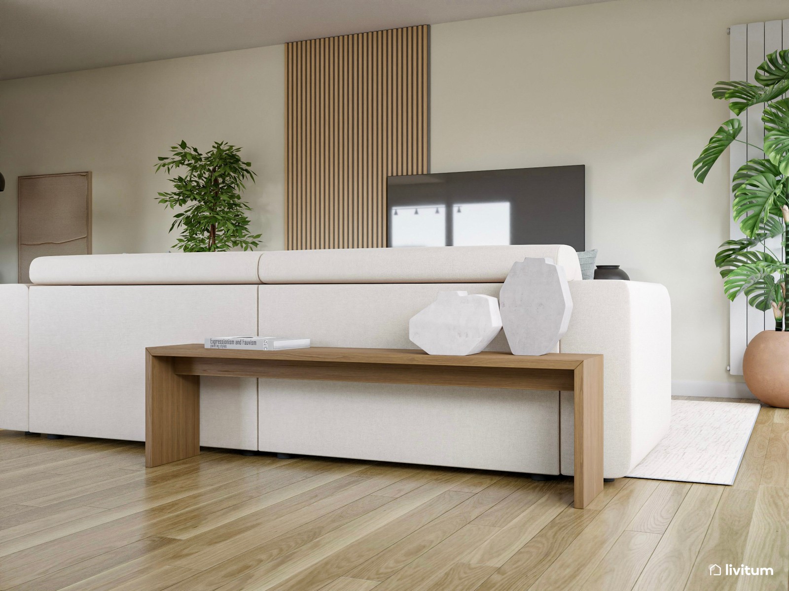 Salón comedor de estilo nórdico con coqueto rincón de lectura