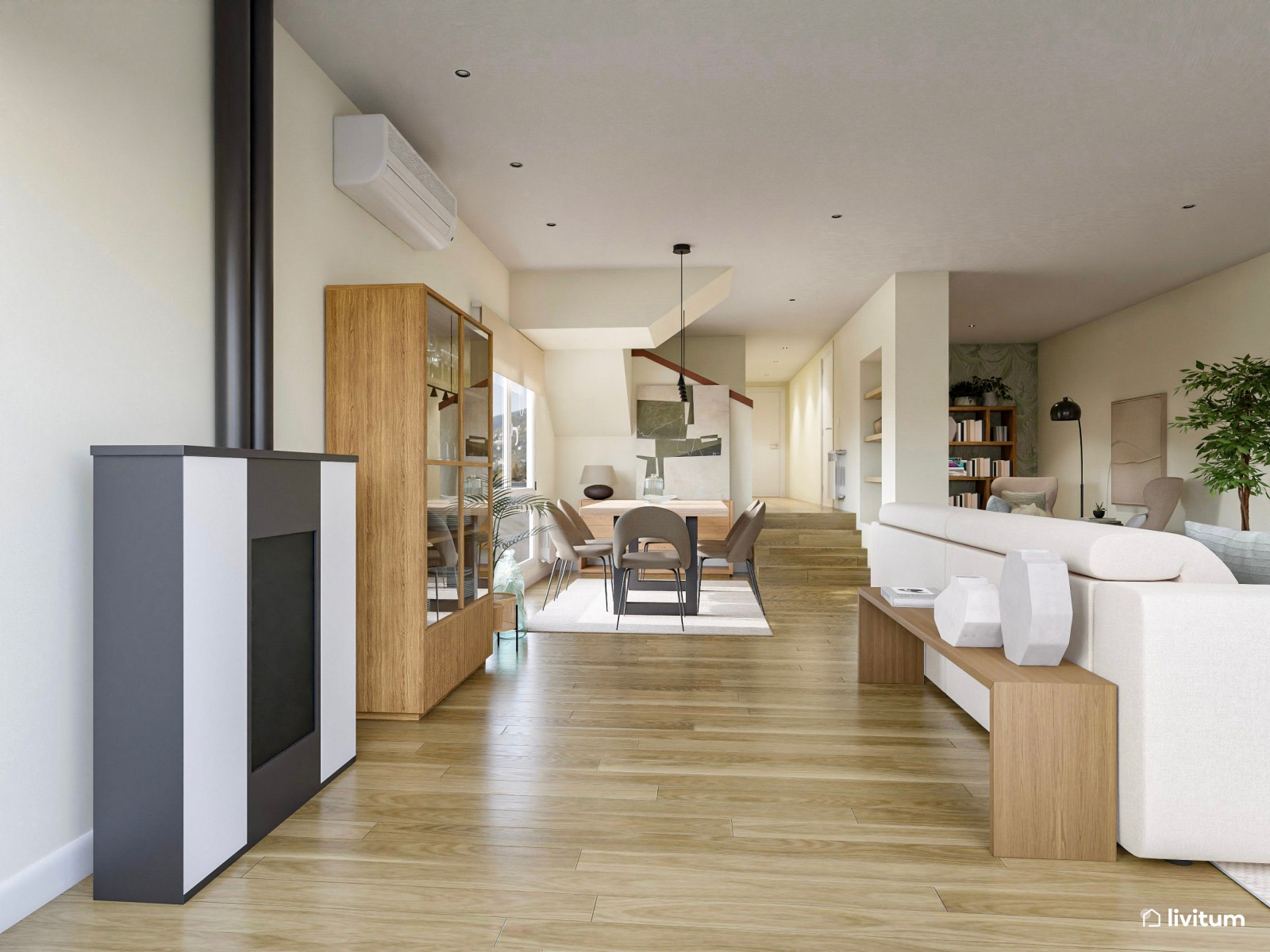 Salón comedor de estilo nórdico con coqueto rincón de lectura