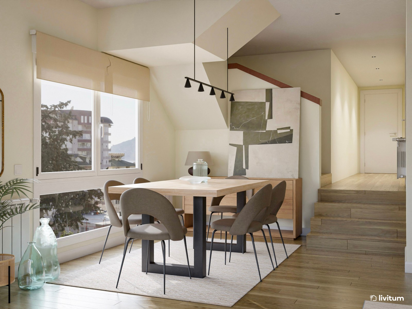 Salón comedor de estilo nórdico con coqueto rincón de lectura