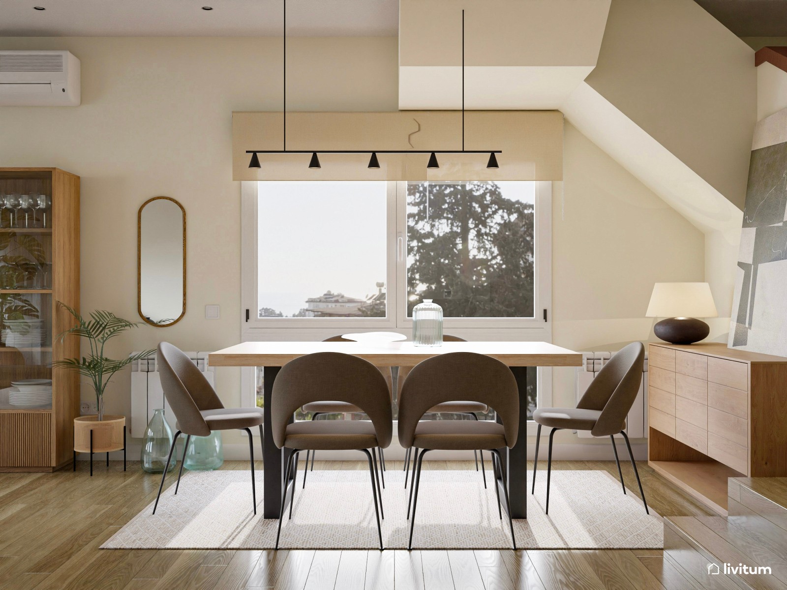 Salón comedor de estilo nórdico con coqueto rincón de lectura