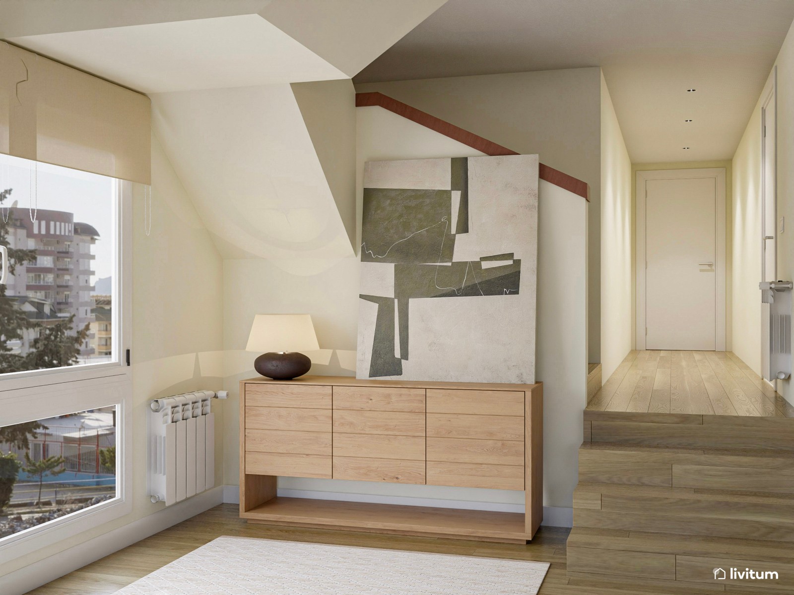 Salón comedor de estilo nórdico con coqueto rincón de lectura