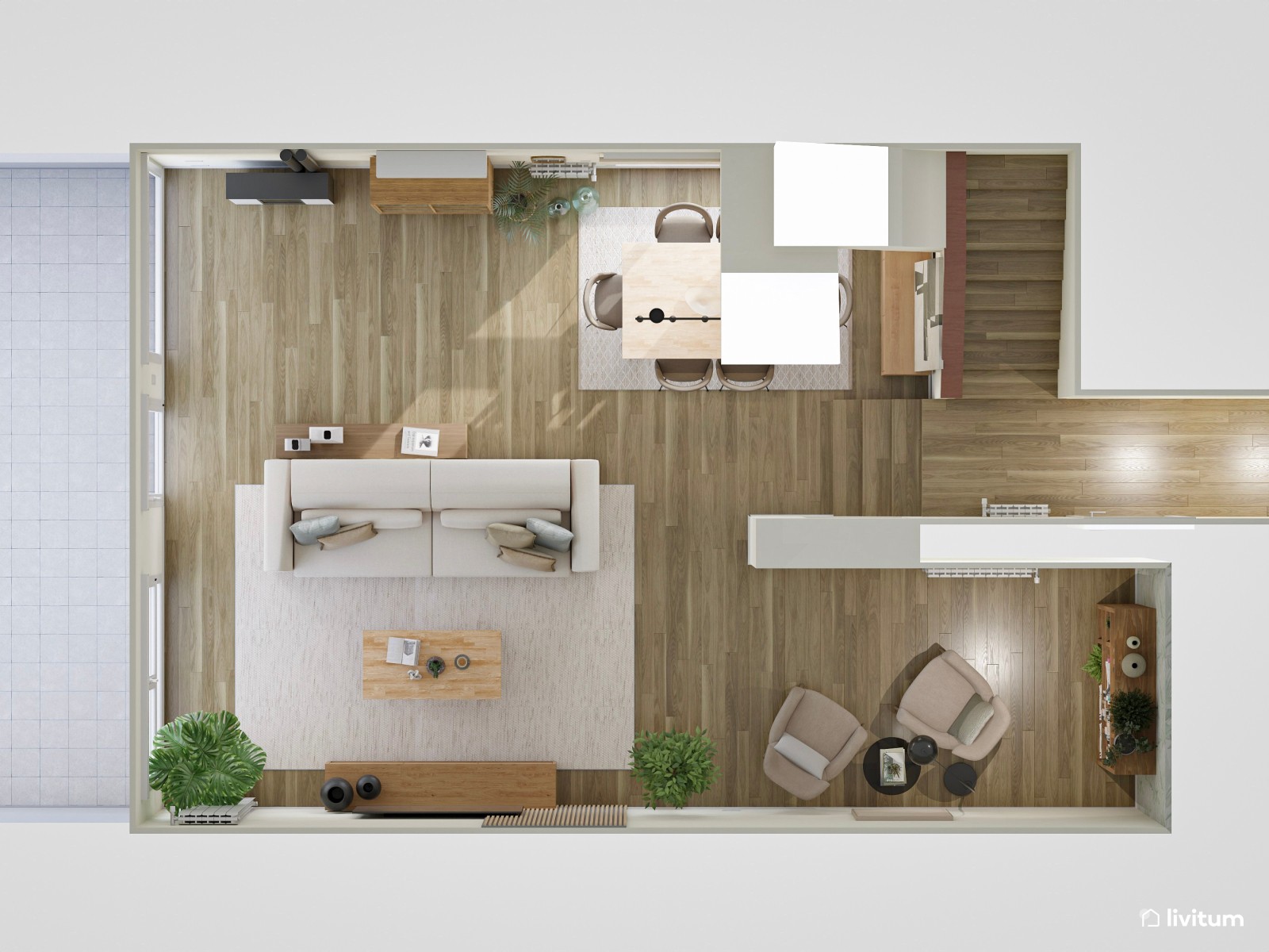 Salón comedor de estilo nórdico con coqueto rincón de lectura